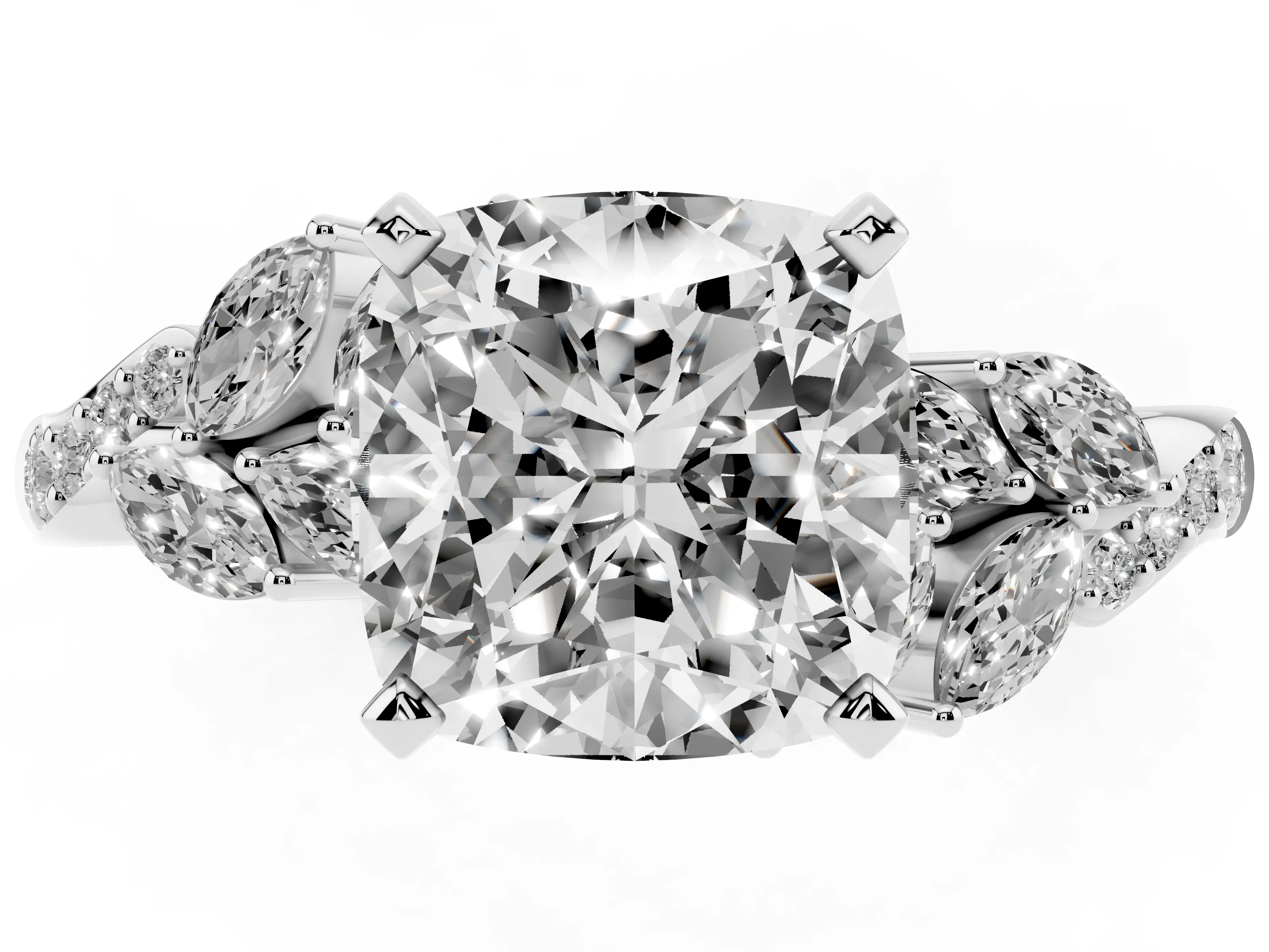 Cushion Cut Diamond Solitaire Ring Set in White gold with Marquise Twist Band and Prong Setting