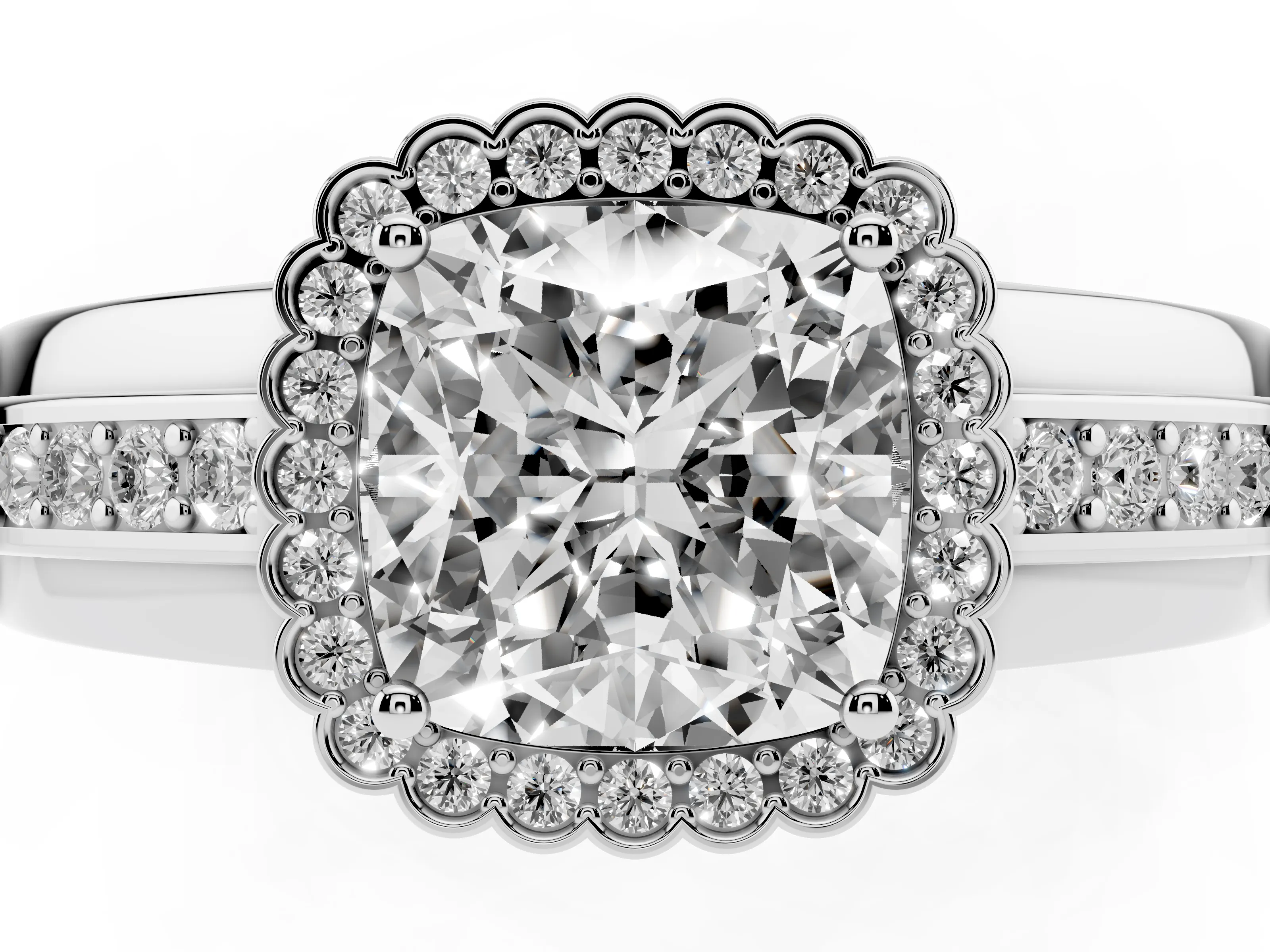 Cushion Cut Diamond Halo Prong Ring Set in Platinum with Pavé Band