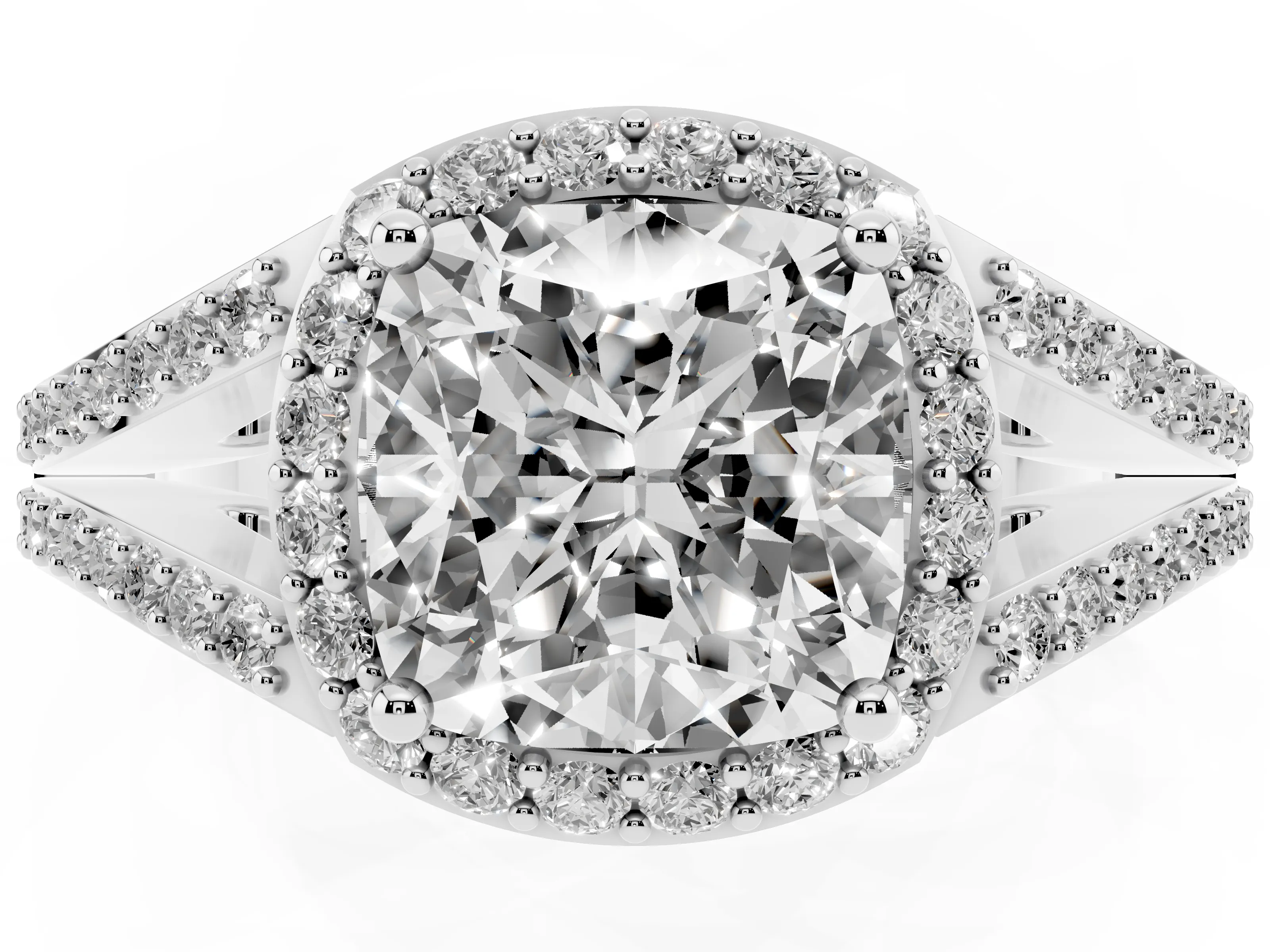Cushion Cut Diamond Halo Split Shank Ring Set in Silver with Accent Stones and Prong Setting