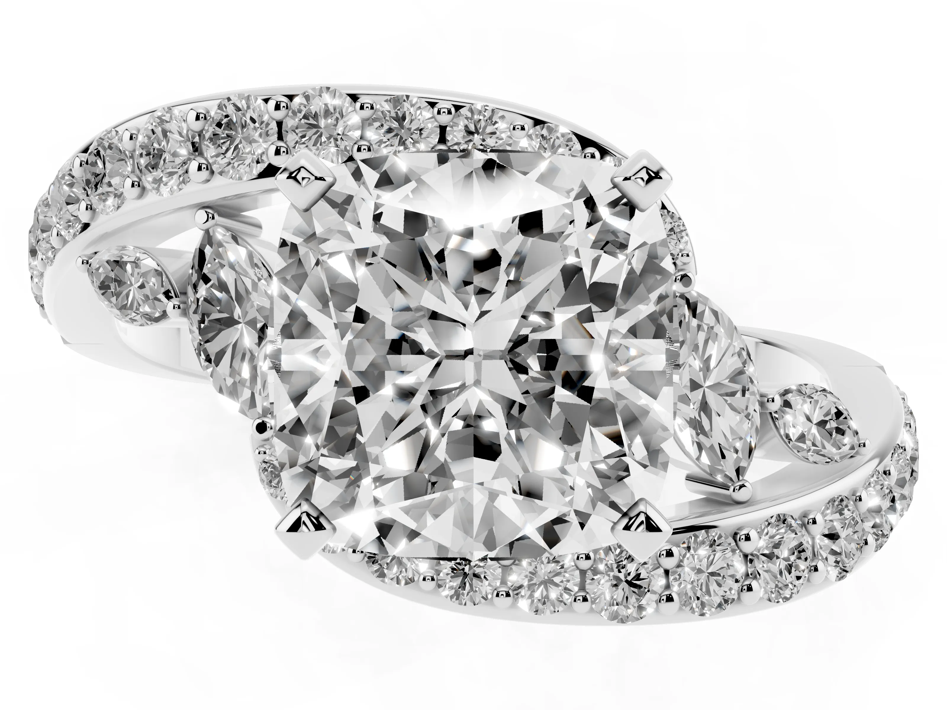 Cushion Cut Diamond Solitaire Ring Set in Platinum with Pavé Twist Band and Secure Prong Setting