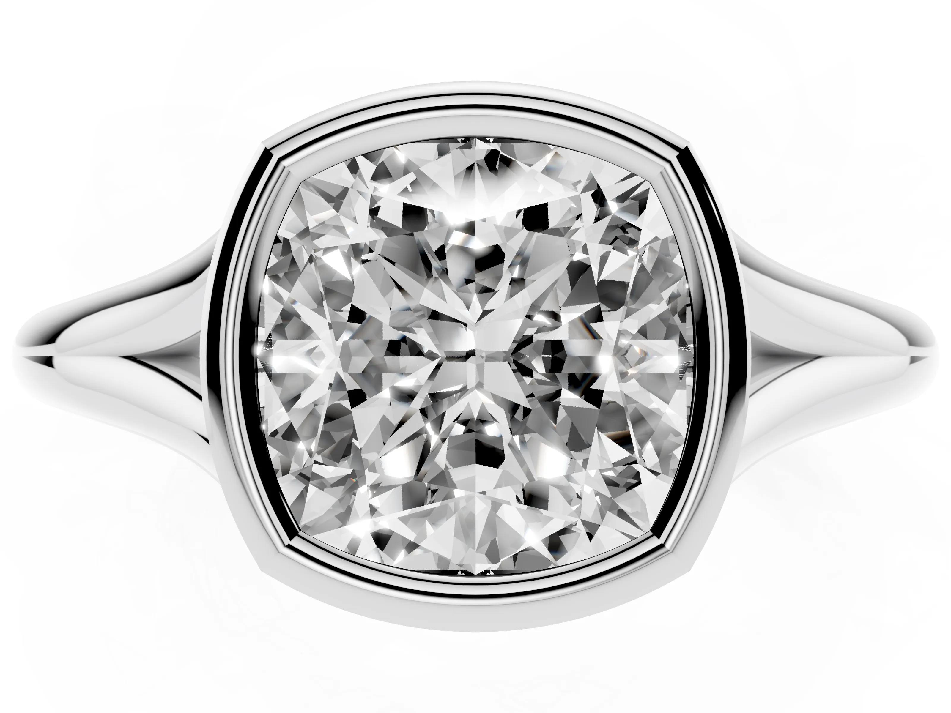 Bezel Set Cushion Cut Diamond Solitaire Ring Set in Platinum with Tapered Band