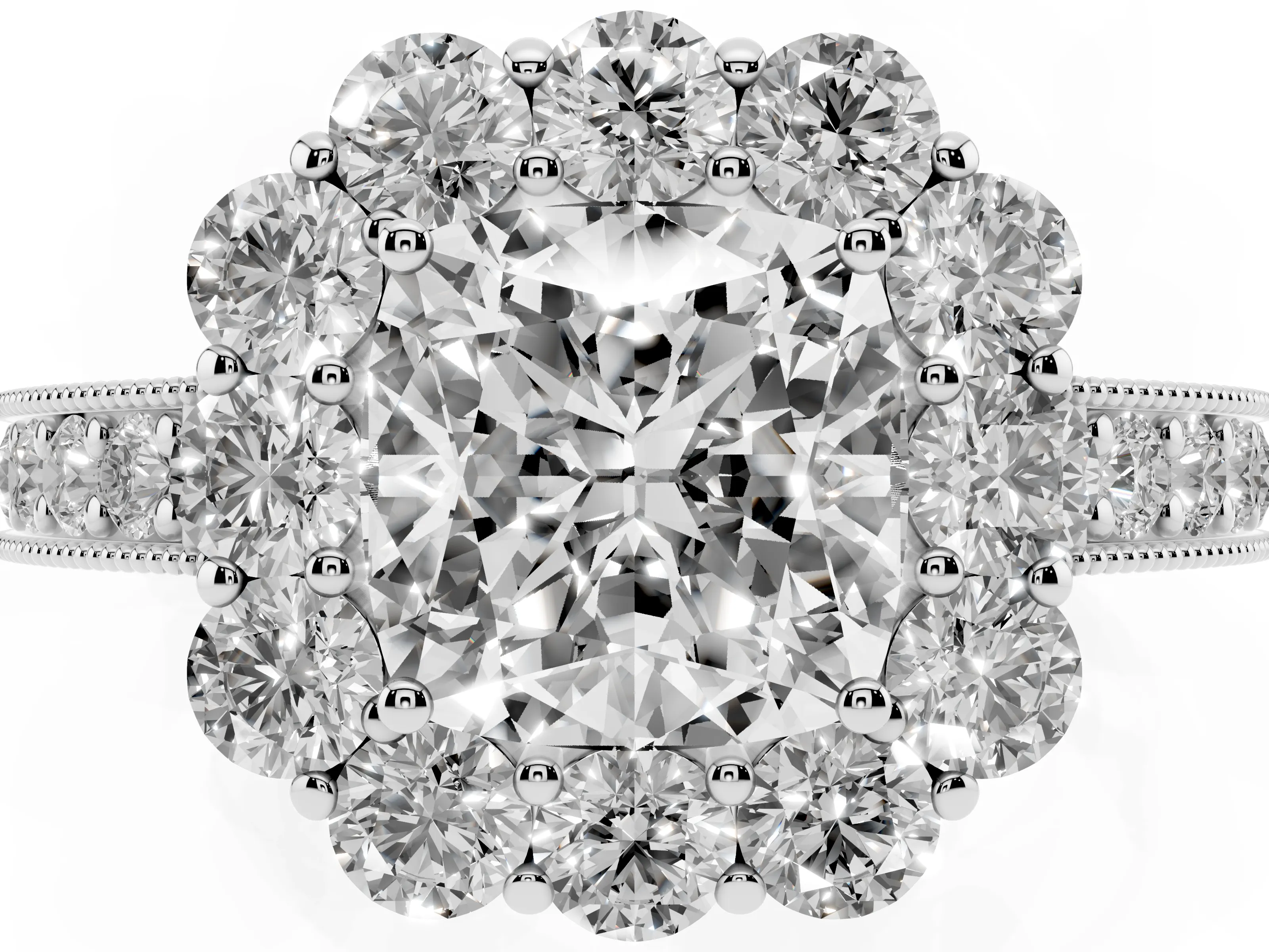 Cushion Cut Diamond Halo Pavé Engagement Ring Set in White gold with Milgrain Detailing