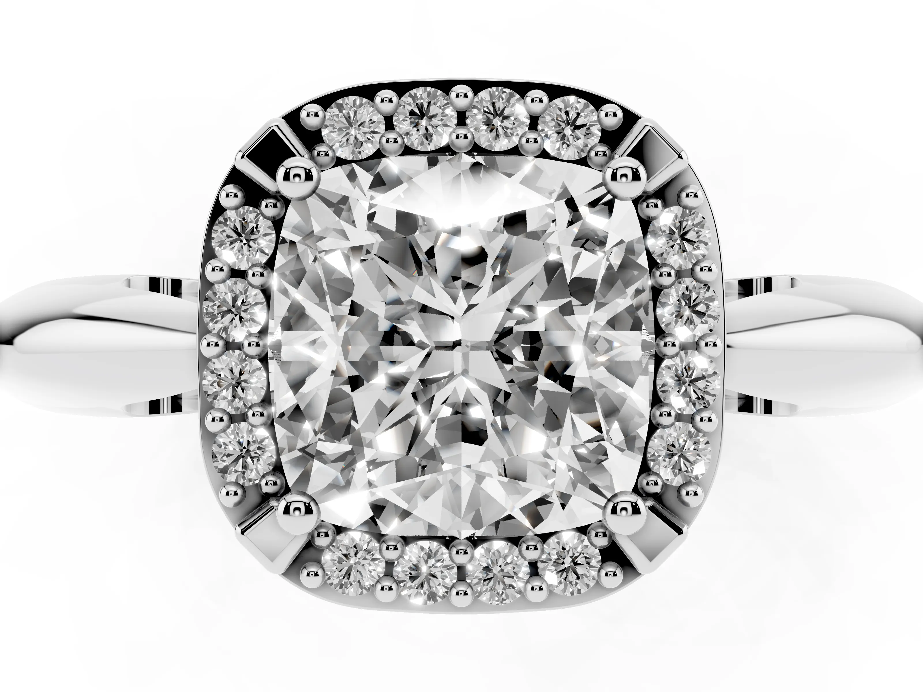 Cushion Cut Diamond Halo Engagement Ring Set in Platinum with Plain Split Shank and Prong Setting