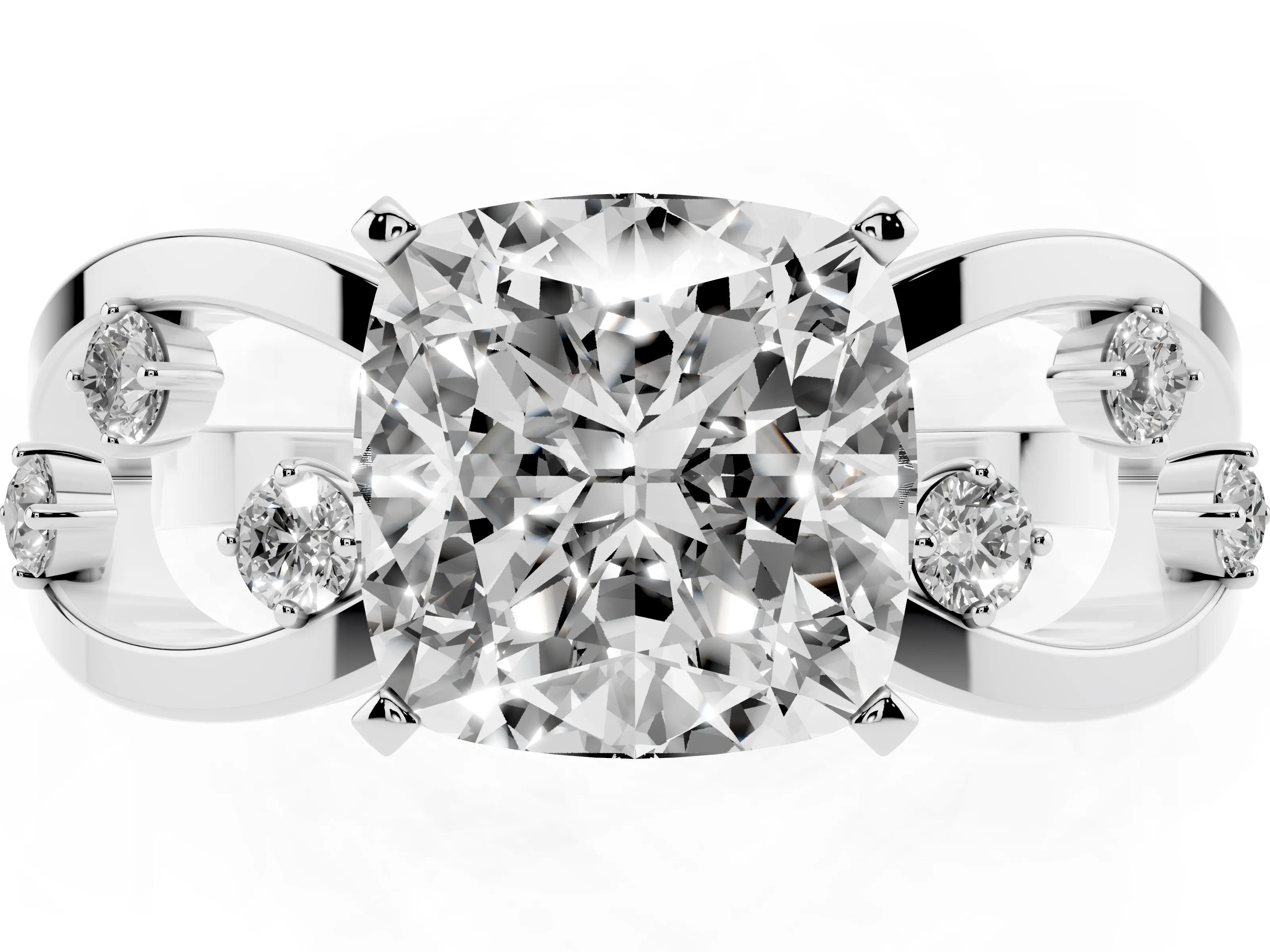 Cushion Cut Diamond Solitaire Ring Set in White gold with Side Stones on Criss-Cross Band and Prong Setting