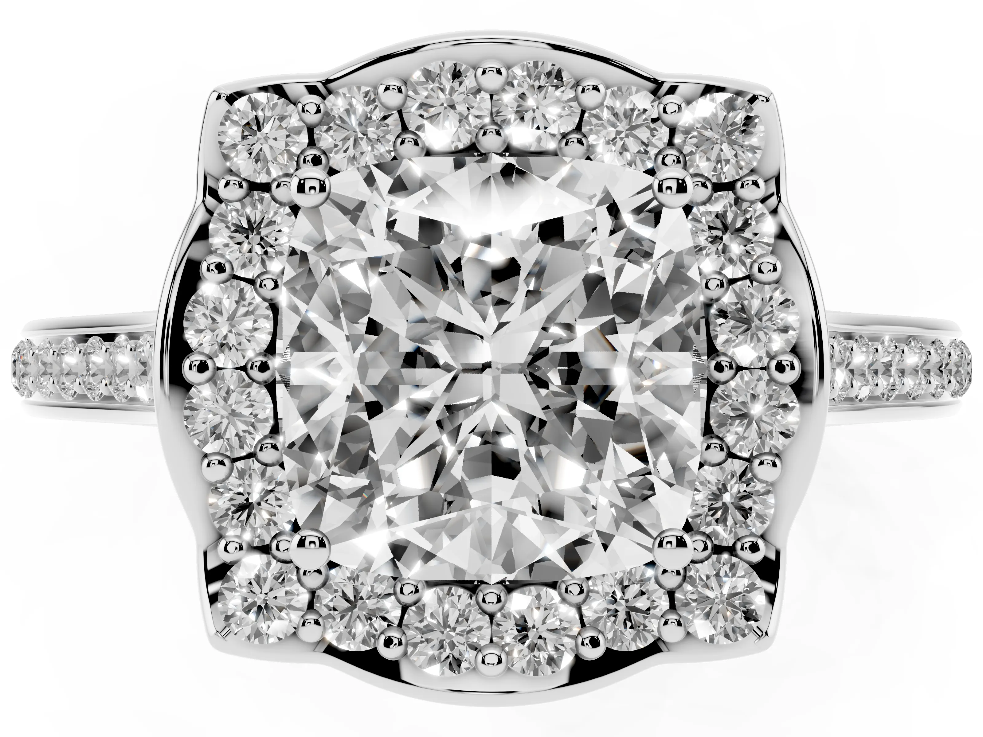 Cushion Cut Diamond Halo Ring Set in White gold with Pavé-Lined Shoulders and Prong Setting