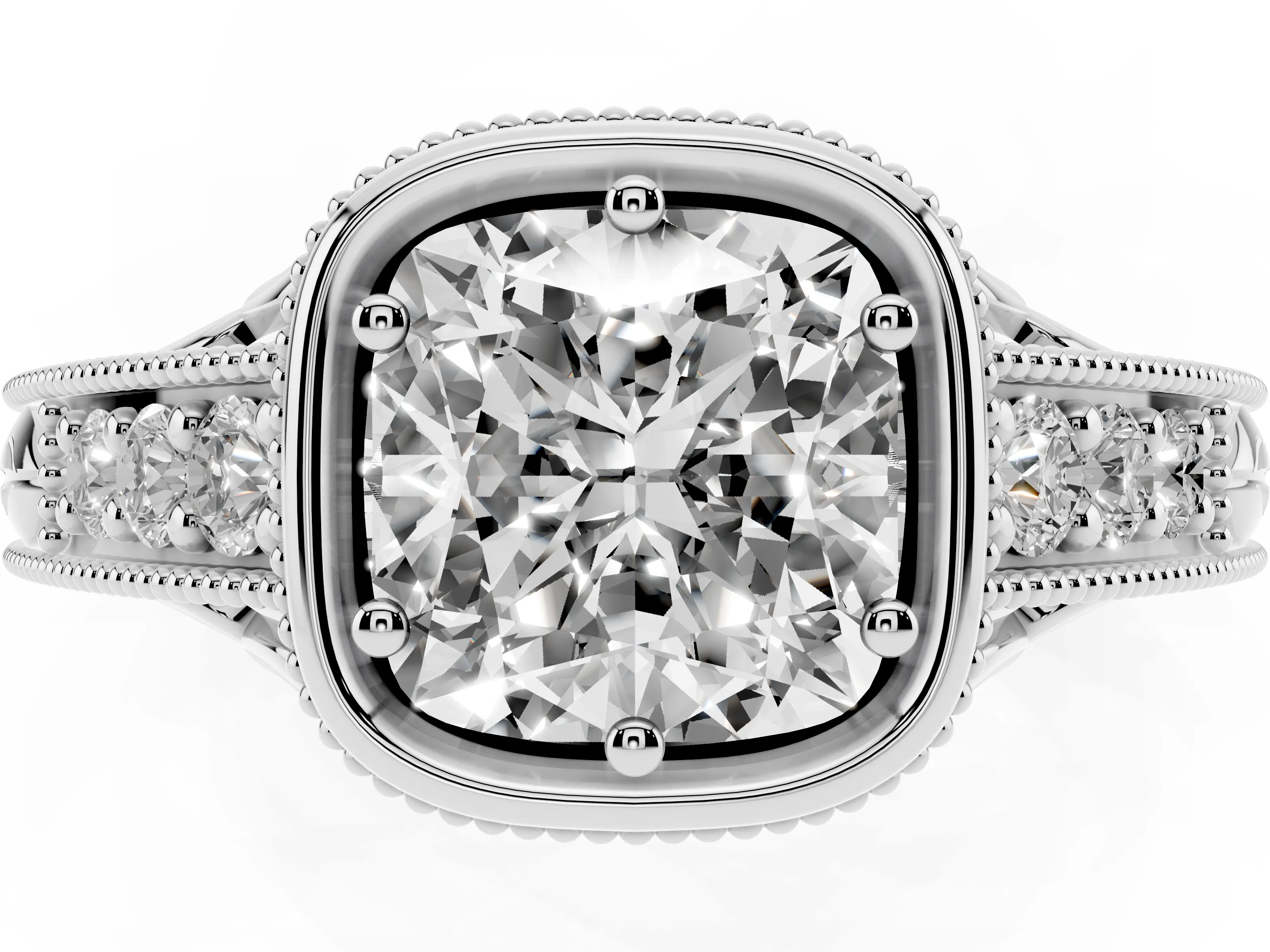 Bezel Set Cushion Cut Diamond Milgrain Pavé Engagement Ring Set in Silver
