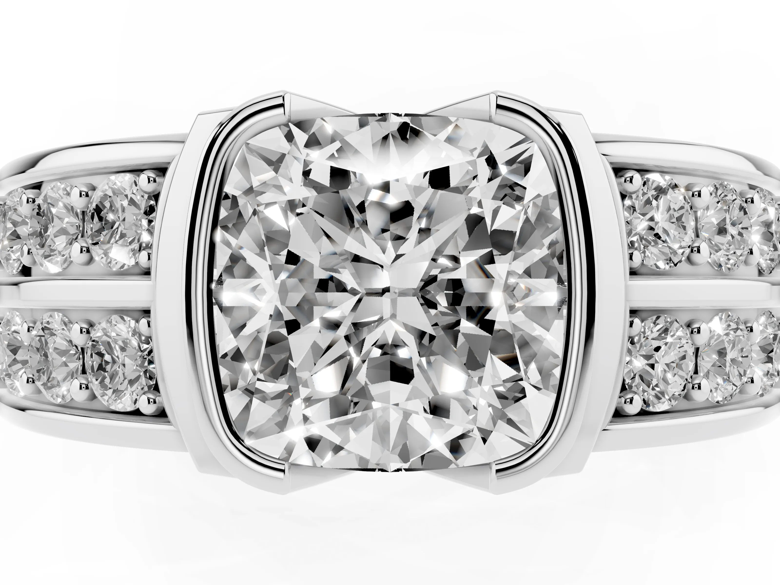 Cushion Cut Diamond Wide Channel Set Band Ring Set in Platinum with Bezel Setting