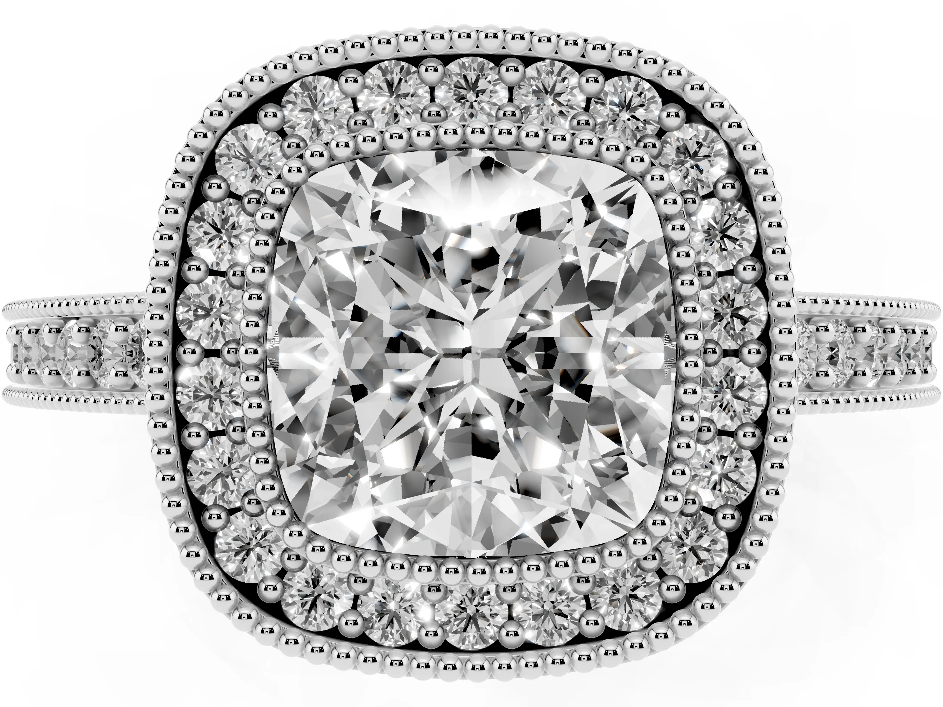Cushion Cut Diamond Halo Engagement Ring Set in Platinum with Pavé Band and Round Halo Stones