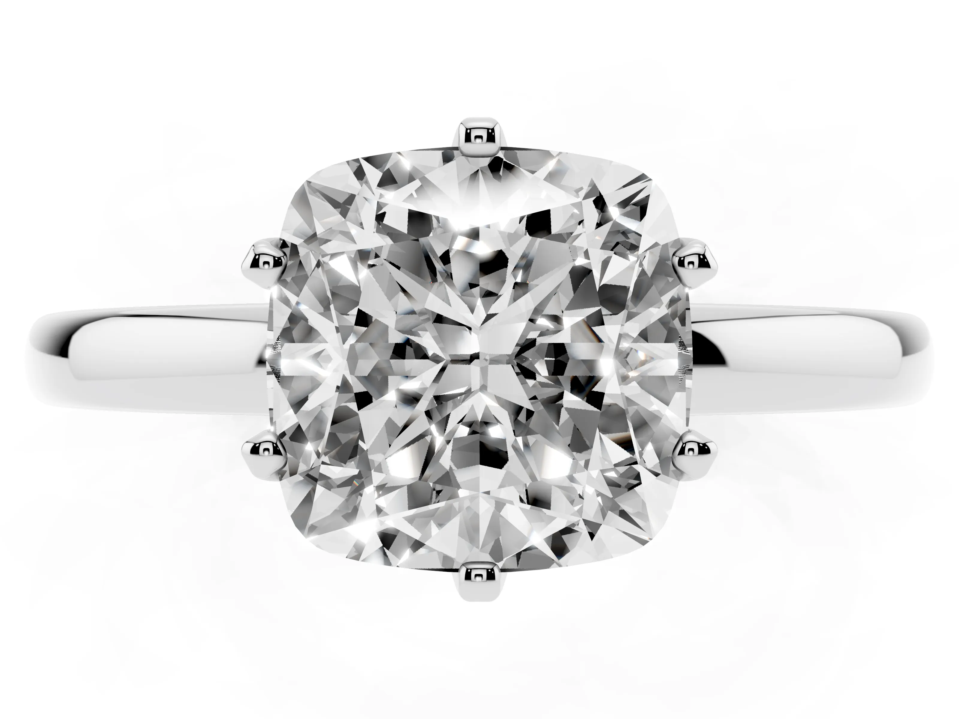 Cushion Cut Diamond Solitaire Ring Set in White gold with Raised Prong Setting on a Classic Band