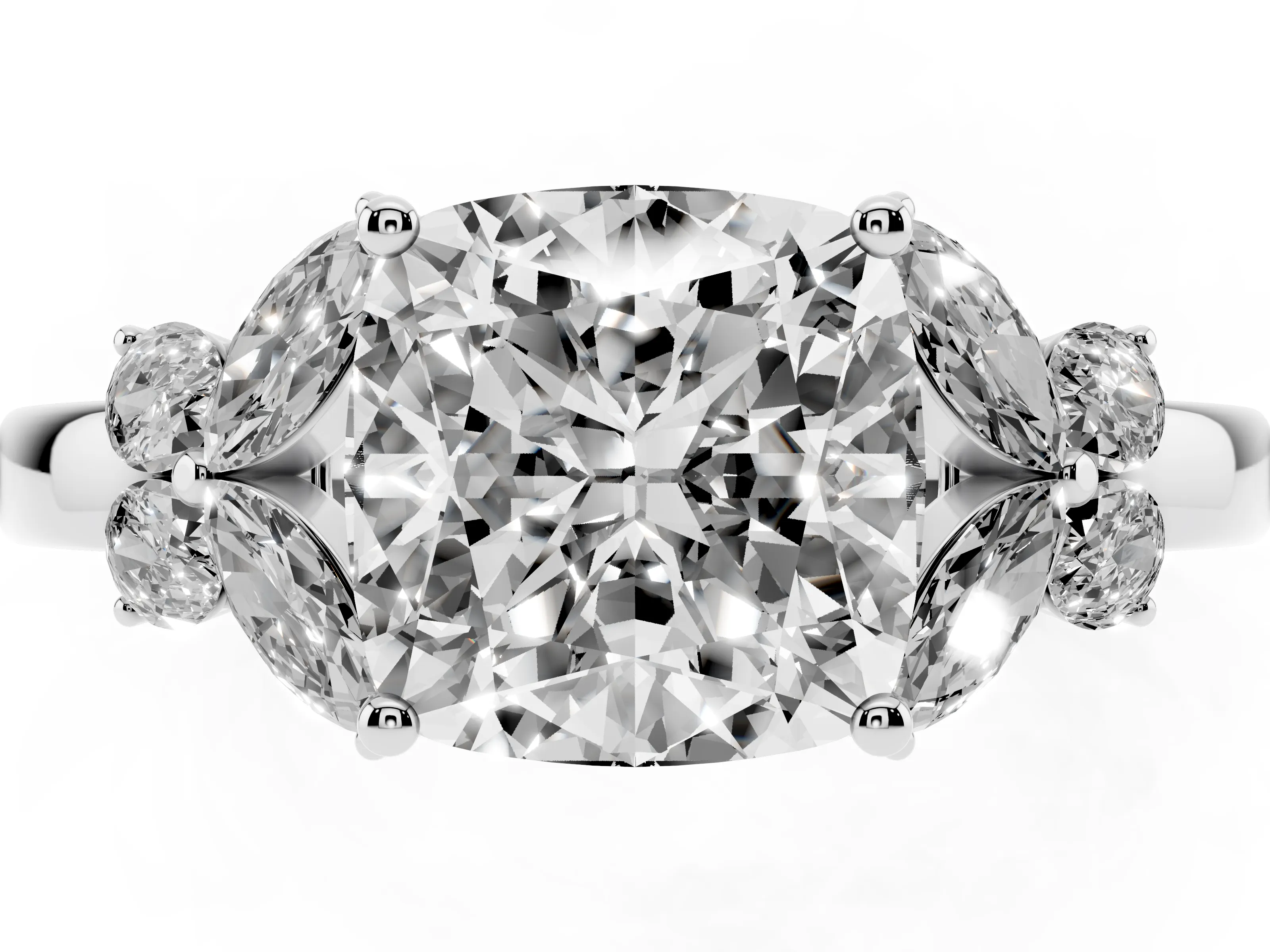 Cushion Cut Diamond Solitaire Floral Ring Set in Silver with Marquise Petals and Prong Setting