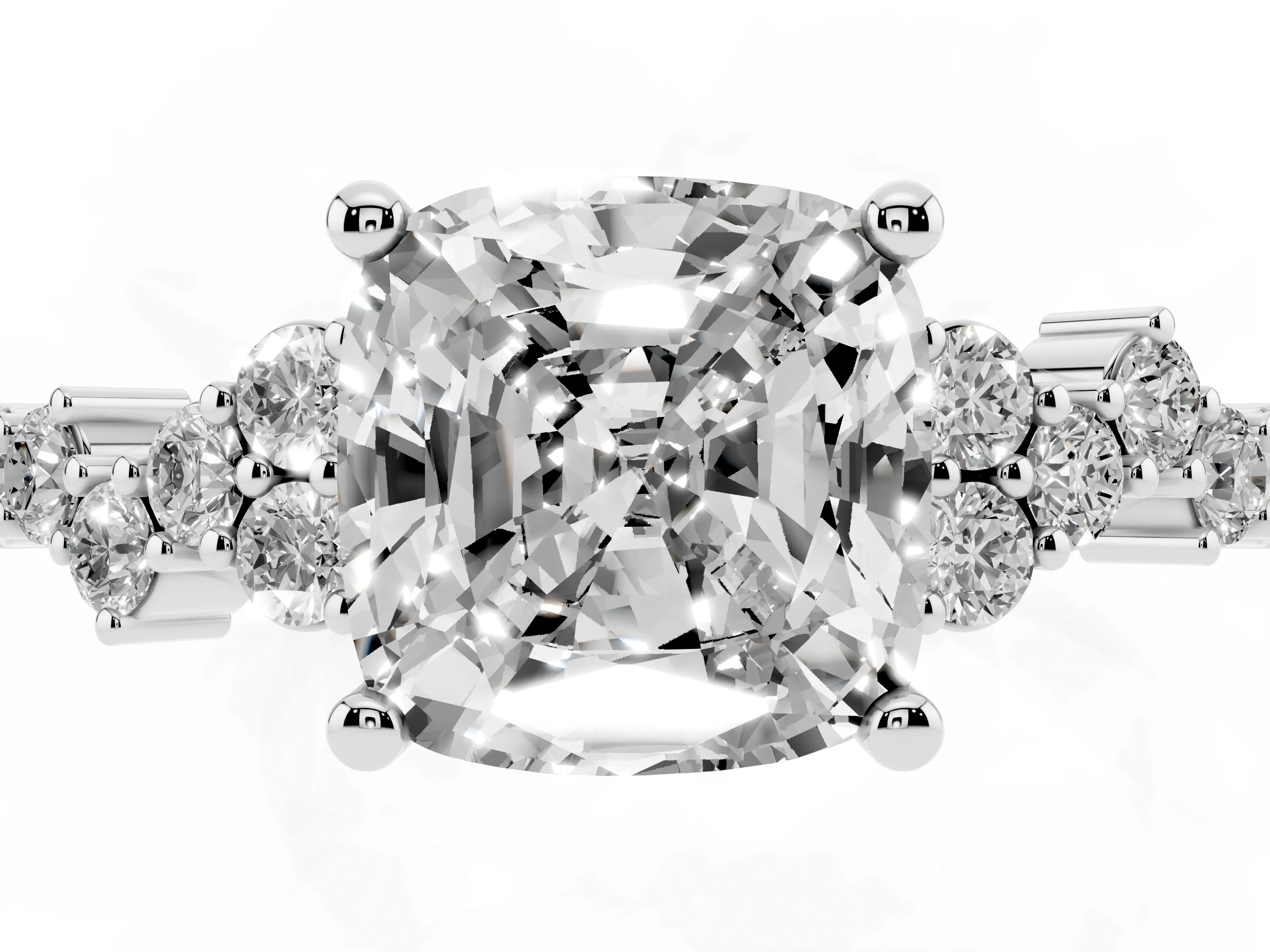 Cushion Cut Diamond Ring Set in Platinum with Scattered Round Accents