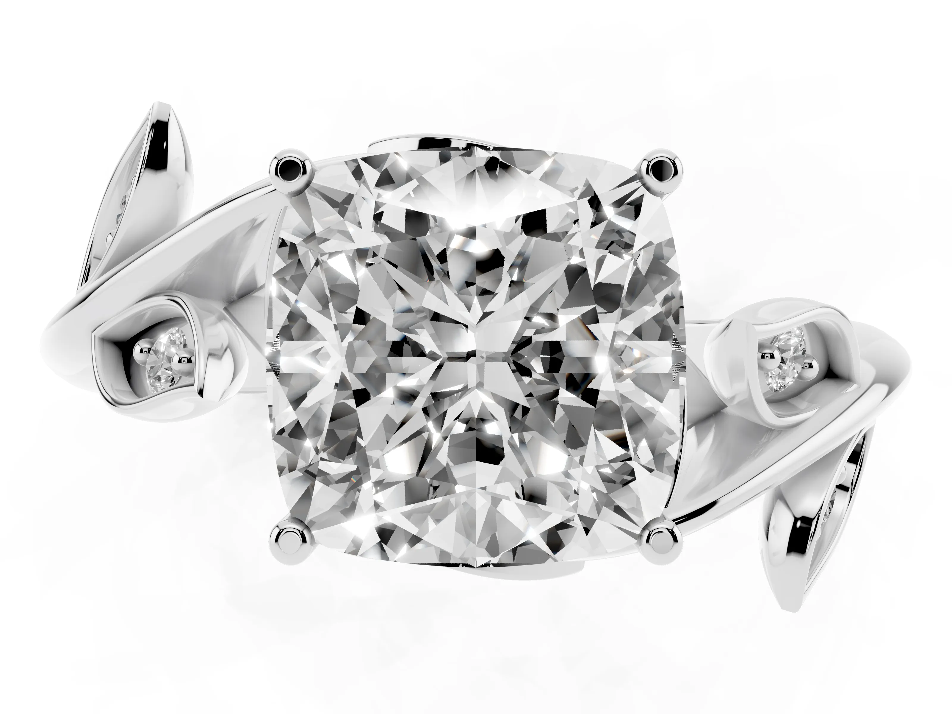Cushion Cut Diamond Solitaire Twist Engagement Ring Set in Platinum with Pavé Leaf Accents