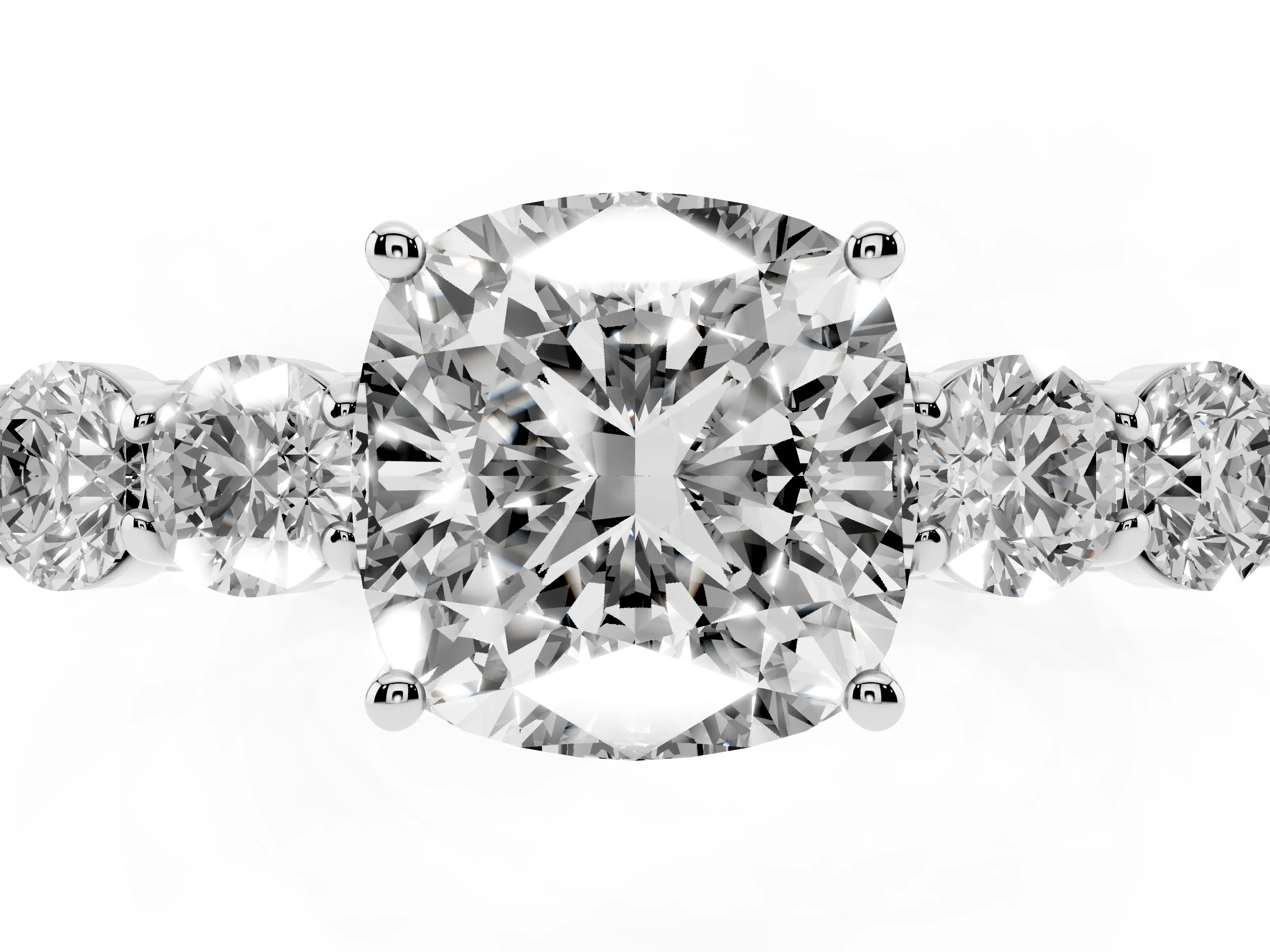 Cushion Cut Diamond Five-Stone Prong Set Band Ring Set in White gold with Polished Band