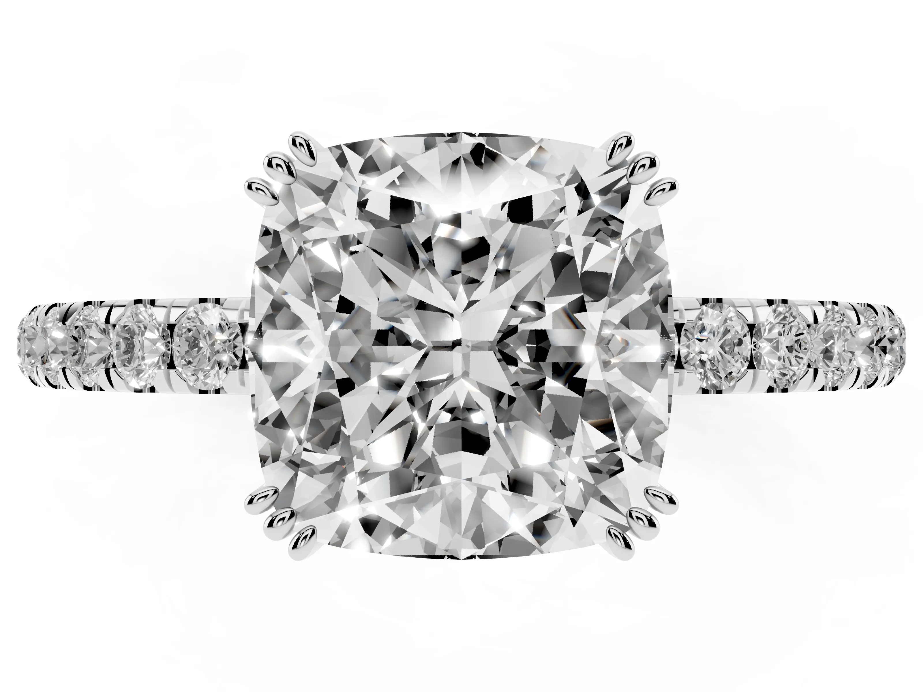 Cushion Cut Diamond Brilliant Solitaire Set in Silver with Pavé Band and Claw Prong Setting
