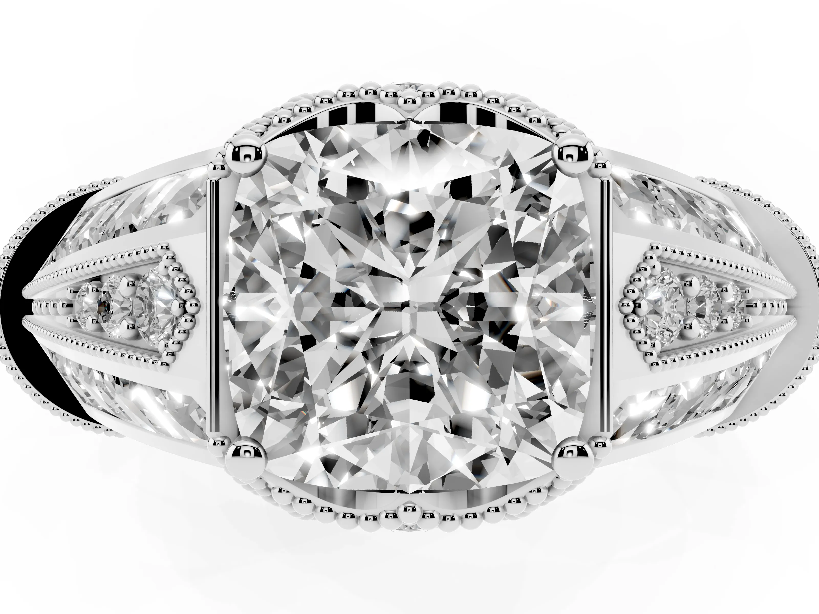 Cushion Cut Diamond Vintage-Inspired Milgrain Ring Set in Silver with Accent Split Shank