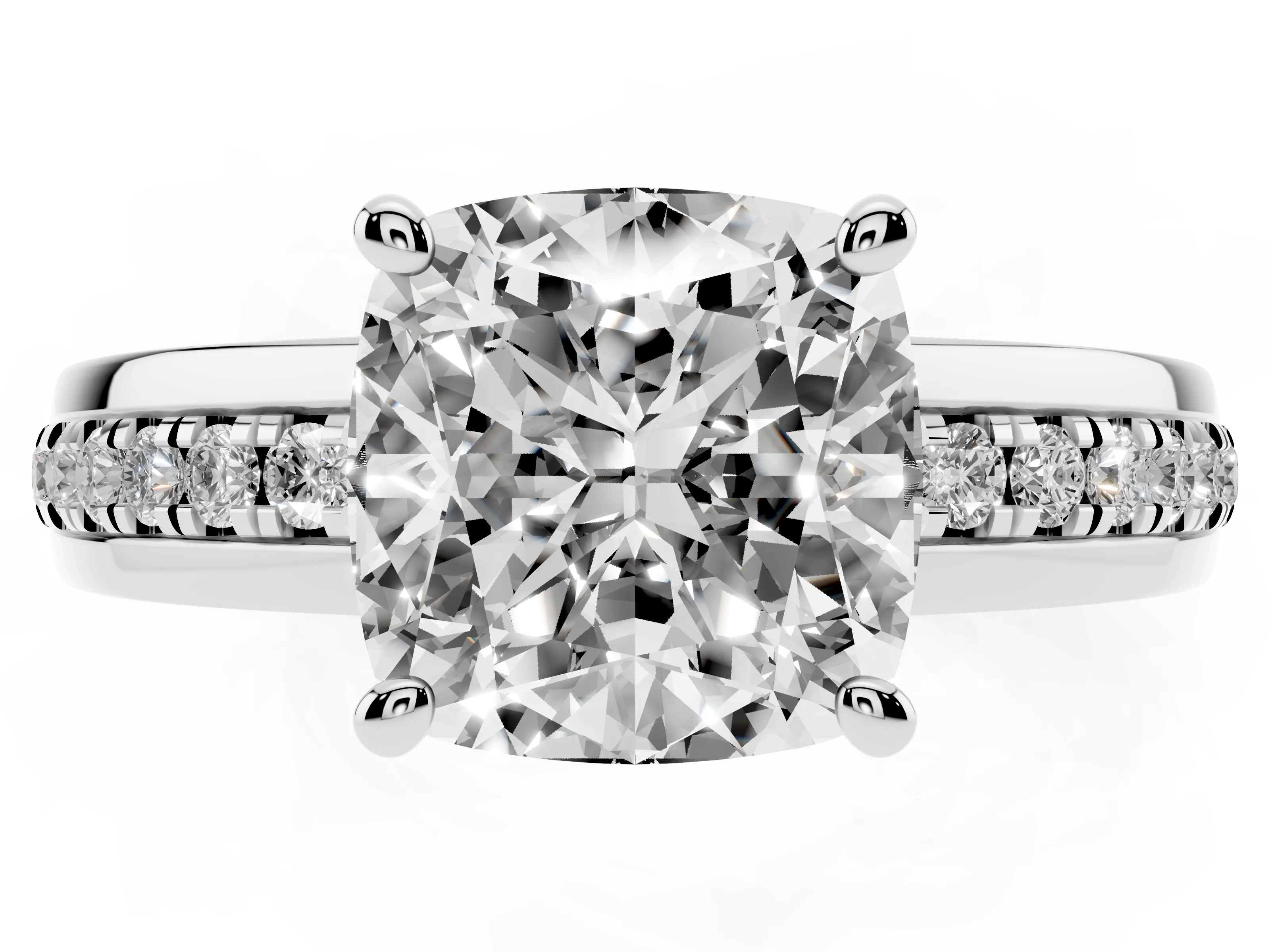 Cushion Cut Diamond Solitaire Ring Set in Platinum with Channel Set Band and Prong Setting