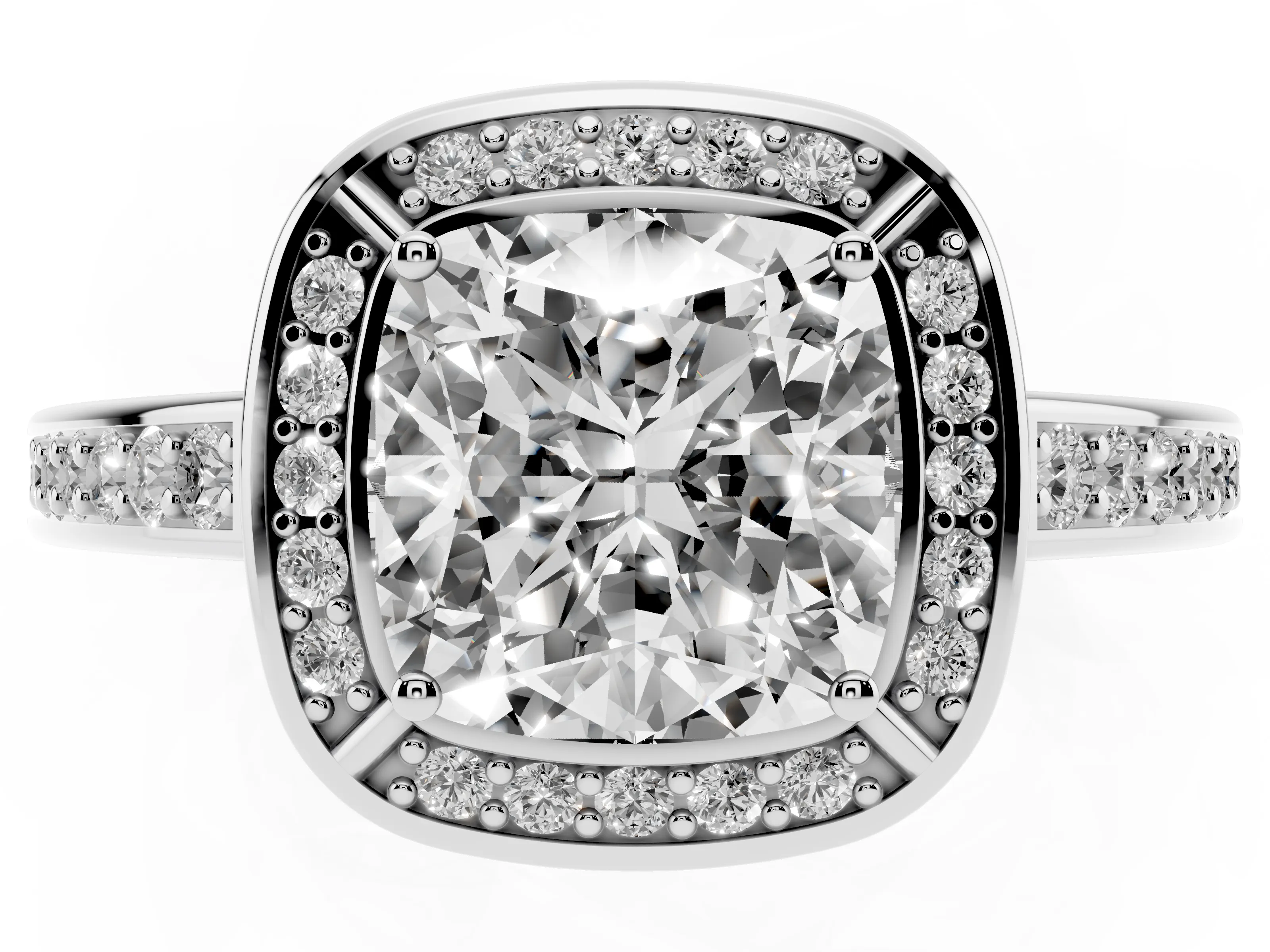 Cushion Cut Diamond Halo Pavé Split Shank Ring Set in Silver with Prong Setting
