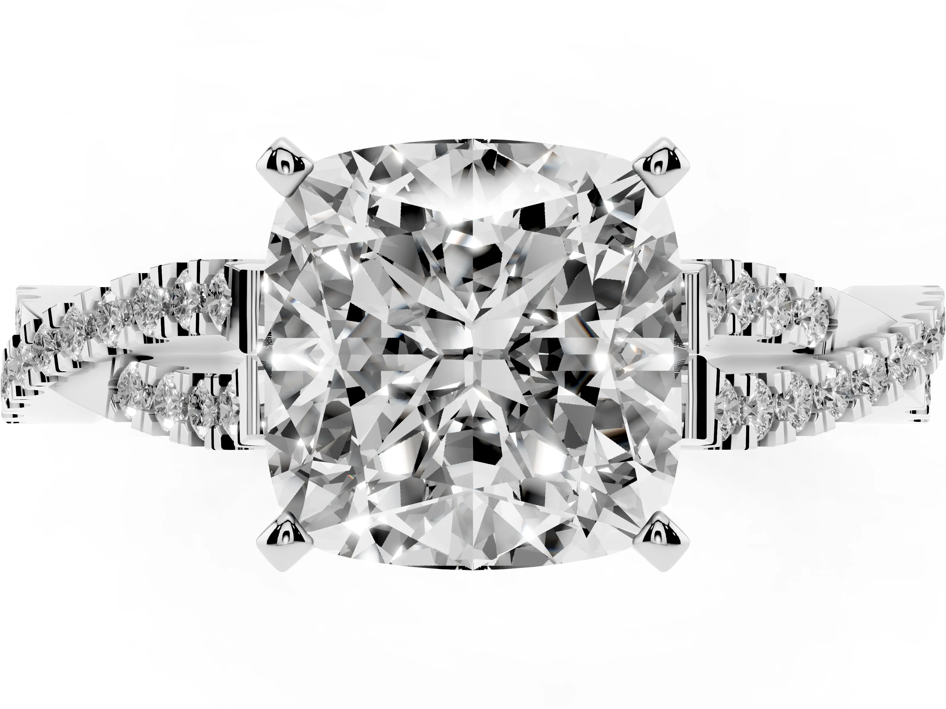 Cushion Cut Diamond Solitaire Engagement Ring Set in Platinum with Twisted Pavé Band and Prong Setting