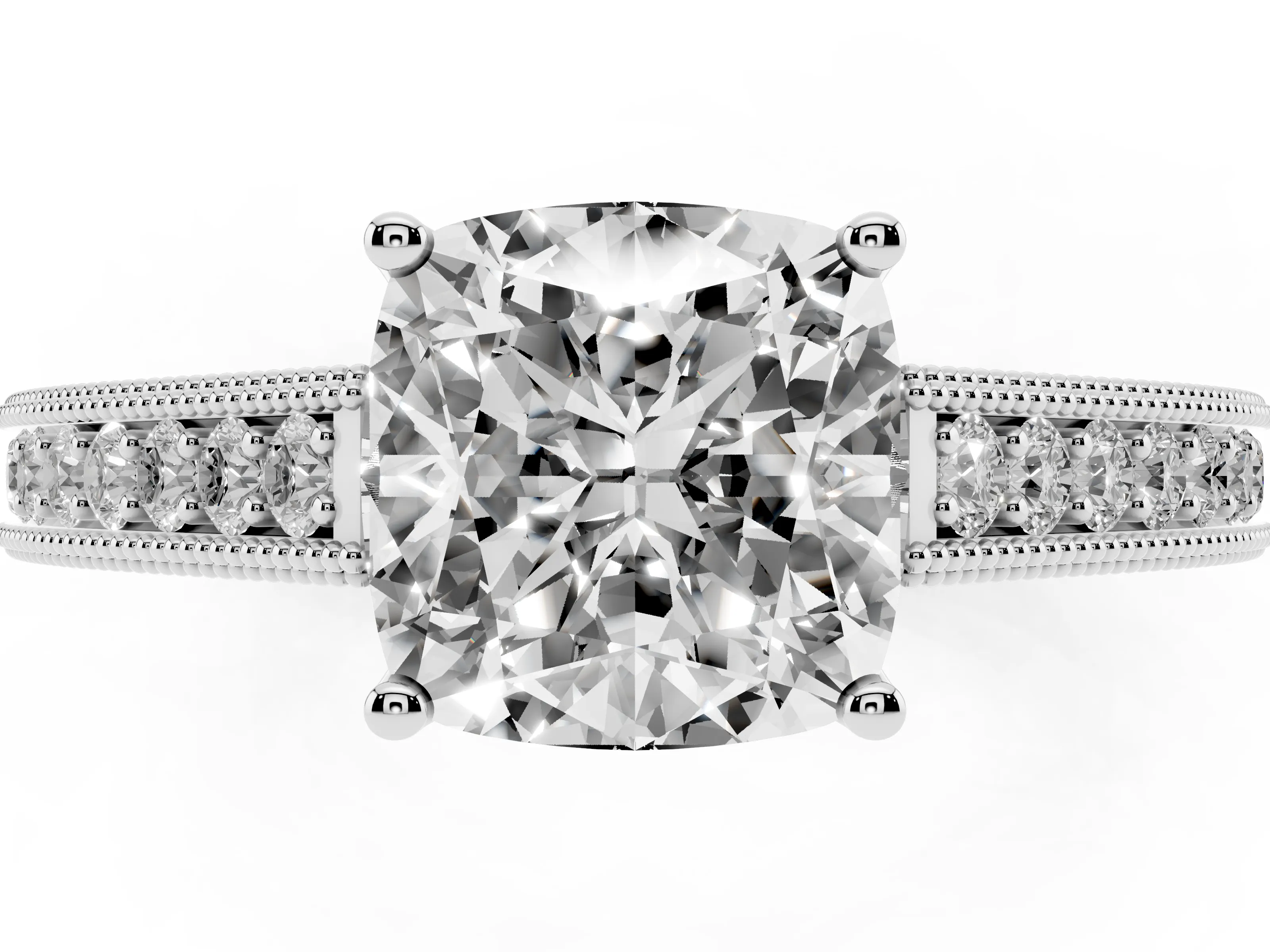Cushion Cut Diamond Milgrain Pavé Band Solitaire Ring Set in Platinum with Prong Setting