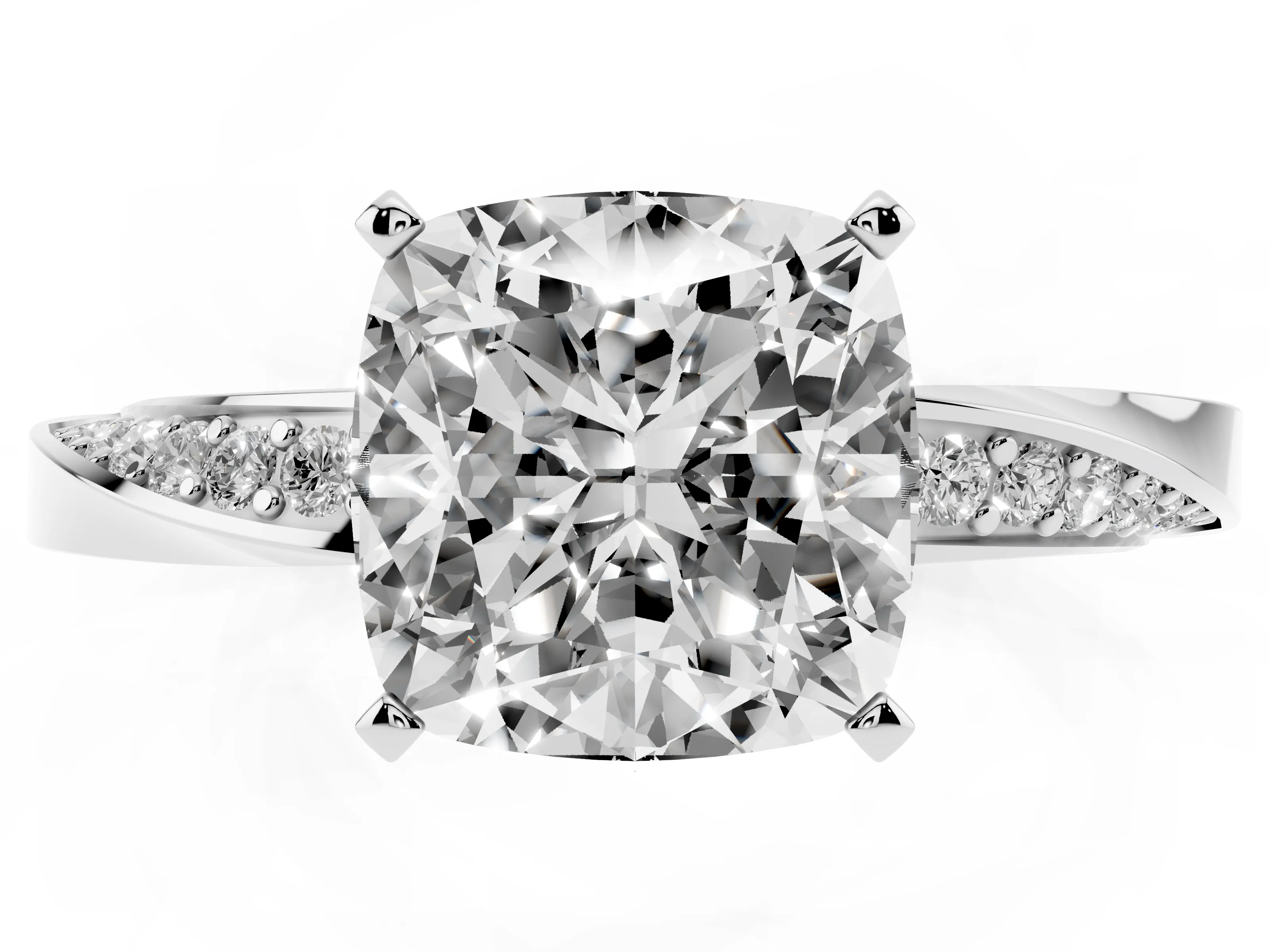 Cushion Cut Diamond Engagement Ring Set in White gold with Side Stone Accents and Prong Setting