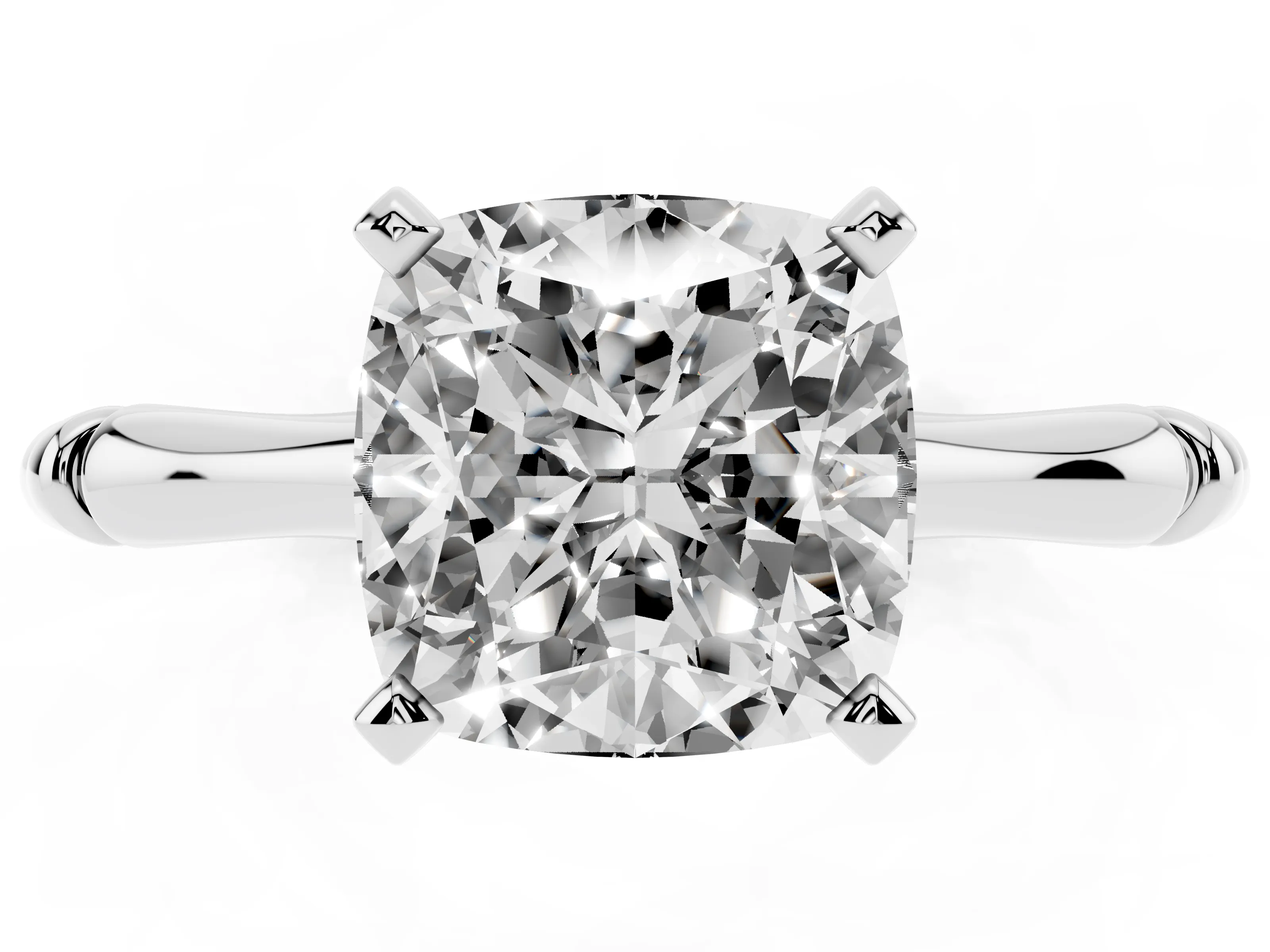 Cushion Cut Diamond Solitaire Ring Set in Silver with Bamboo Band and Prong Setting