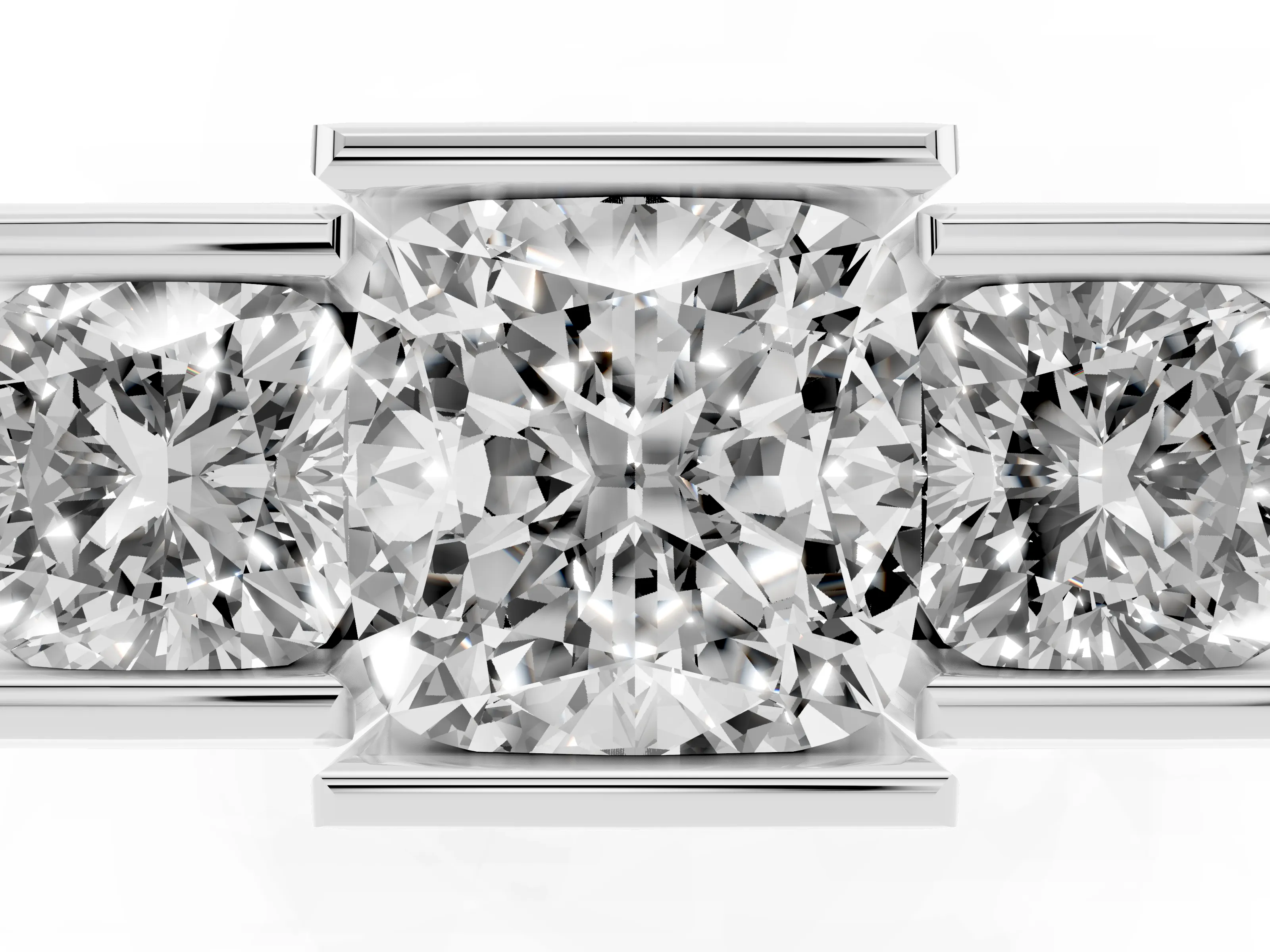 Cushion Cut Diamond Three-Stone Channel Set Ring Set in Platinum with Smooth Polished Band