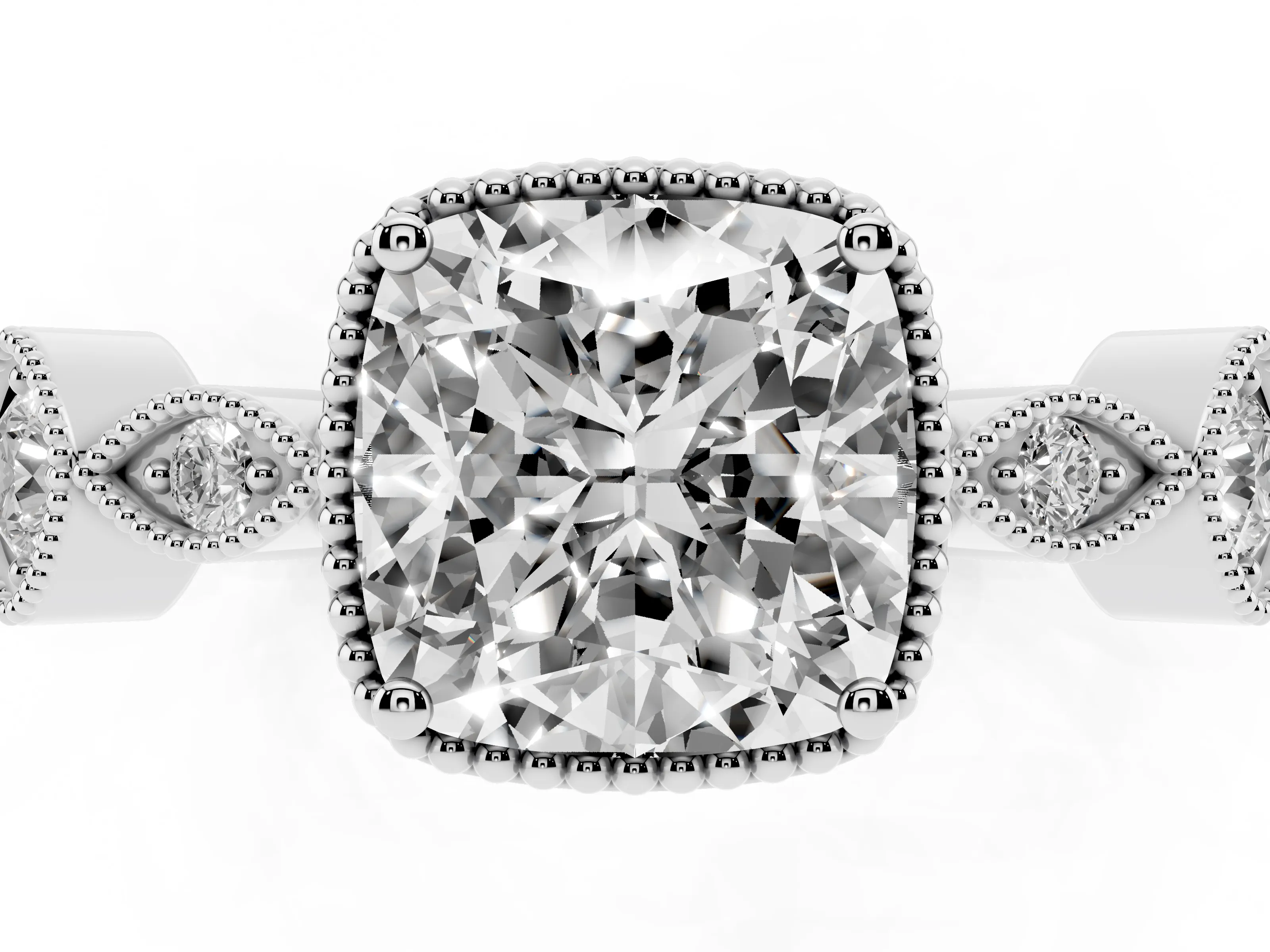 Cushion Cut Diamond Vintage-Inspired Milgrain Ring Set in Platinum with Marquise Stations of Round Accents