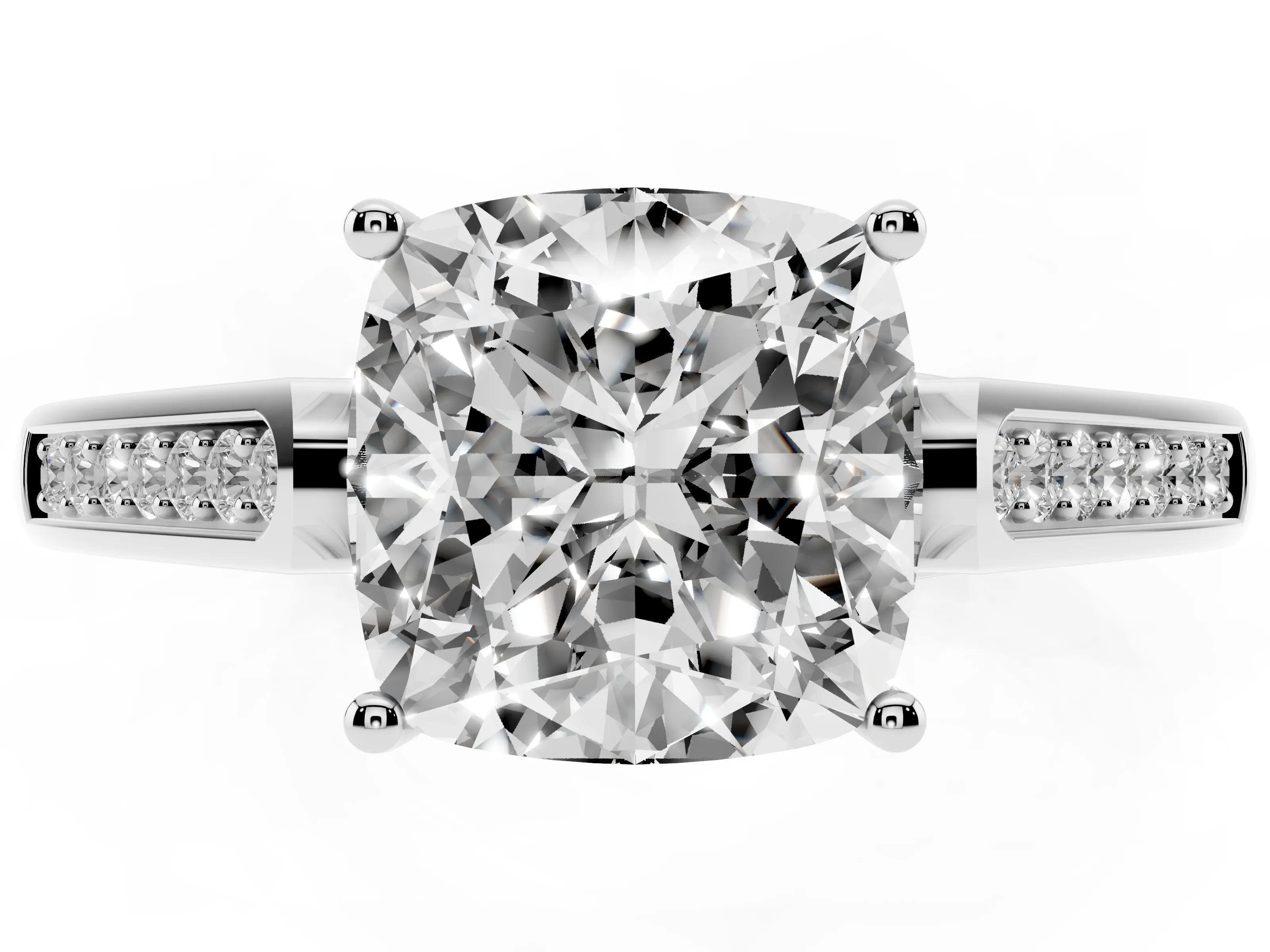 Cushion Cut Diamond Solitaire Cathedral Engagement Ring Set in White gold with Channel-Set Band and Prong Setting