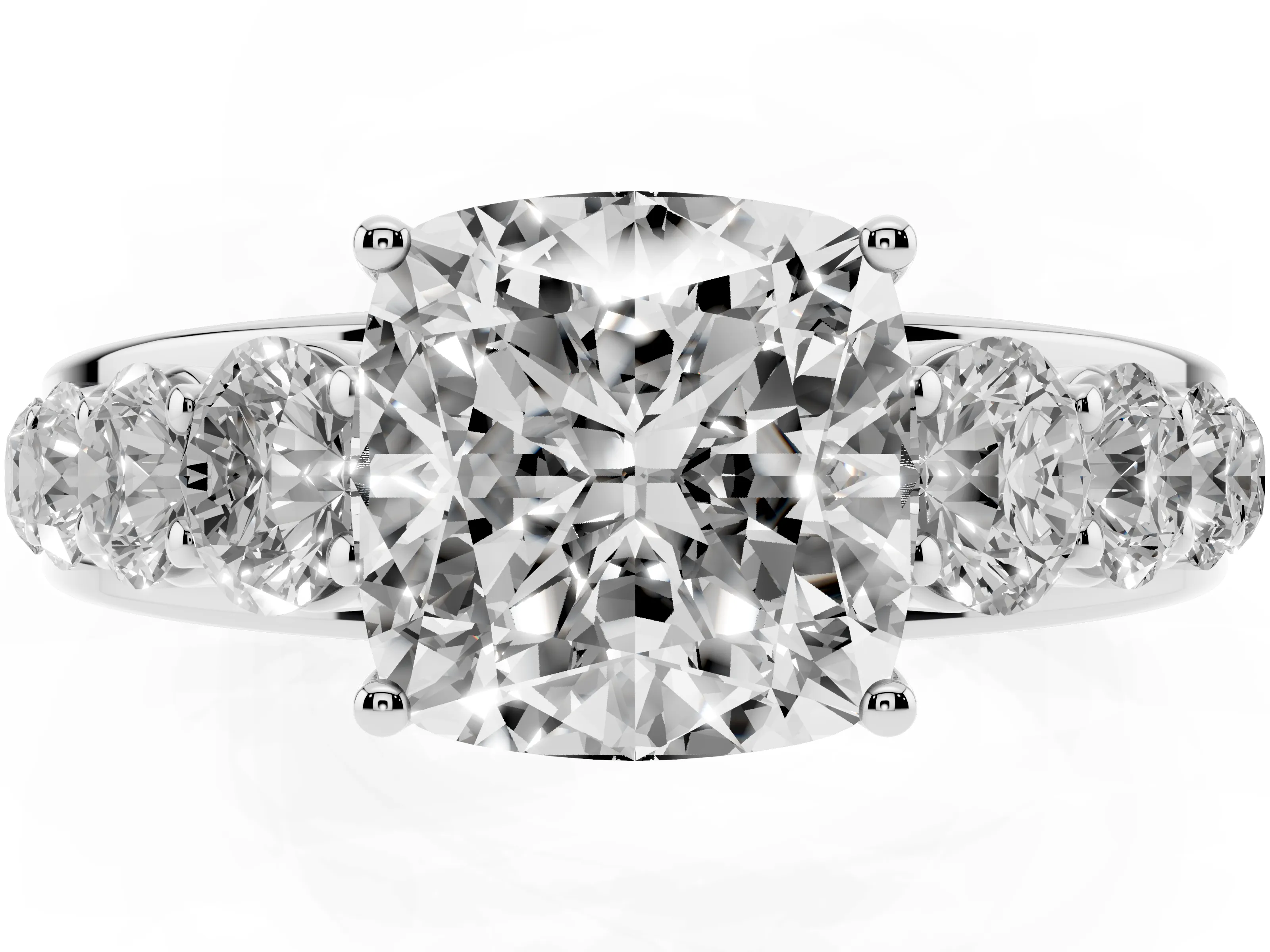 Cushion Cut Diamond Solitaire Ring Set in White gold with Pavé-Set Band and Prong Setting