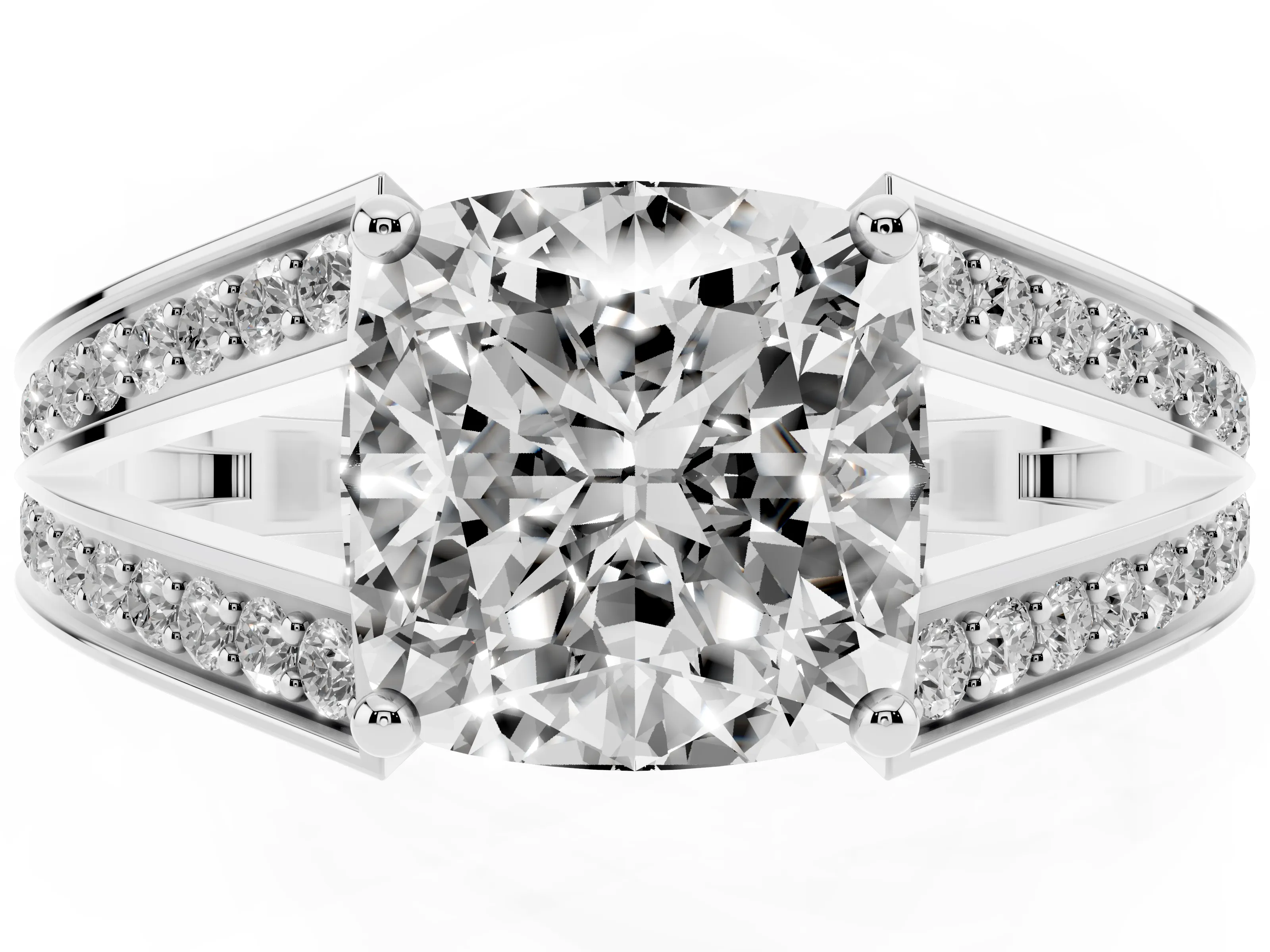 Cushion Cut Diamond Split Shank Ring Set in White gold with Pavé Band and Prong Setting