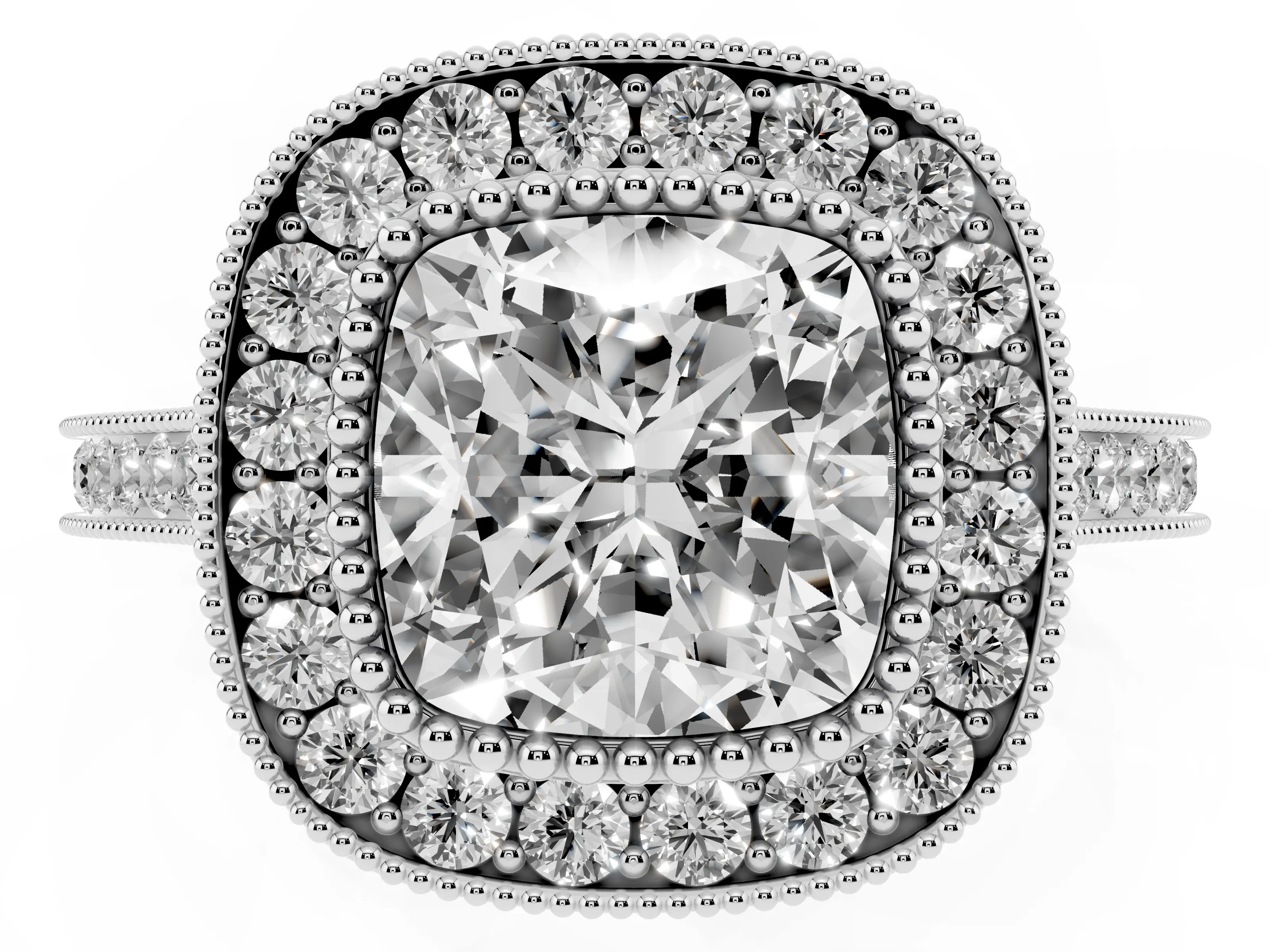 Cushion Cut Diamond Halo Ring Set in White gold with Milgrain Frame and Pavé Band