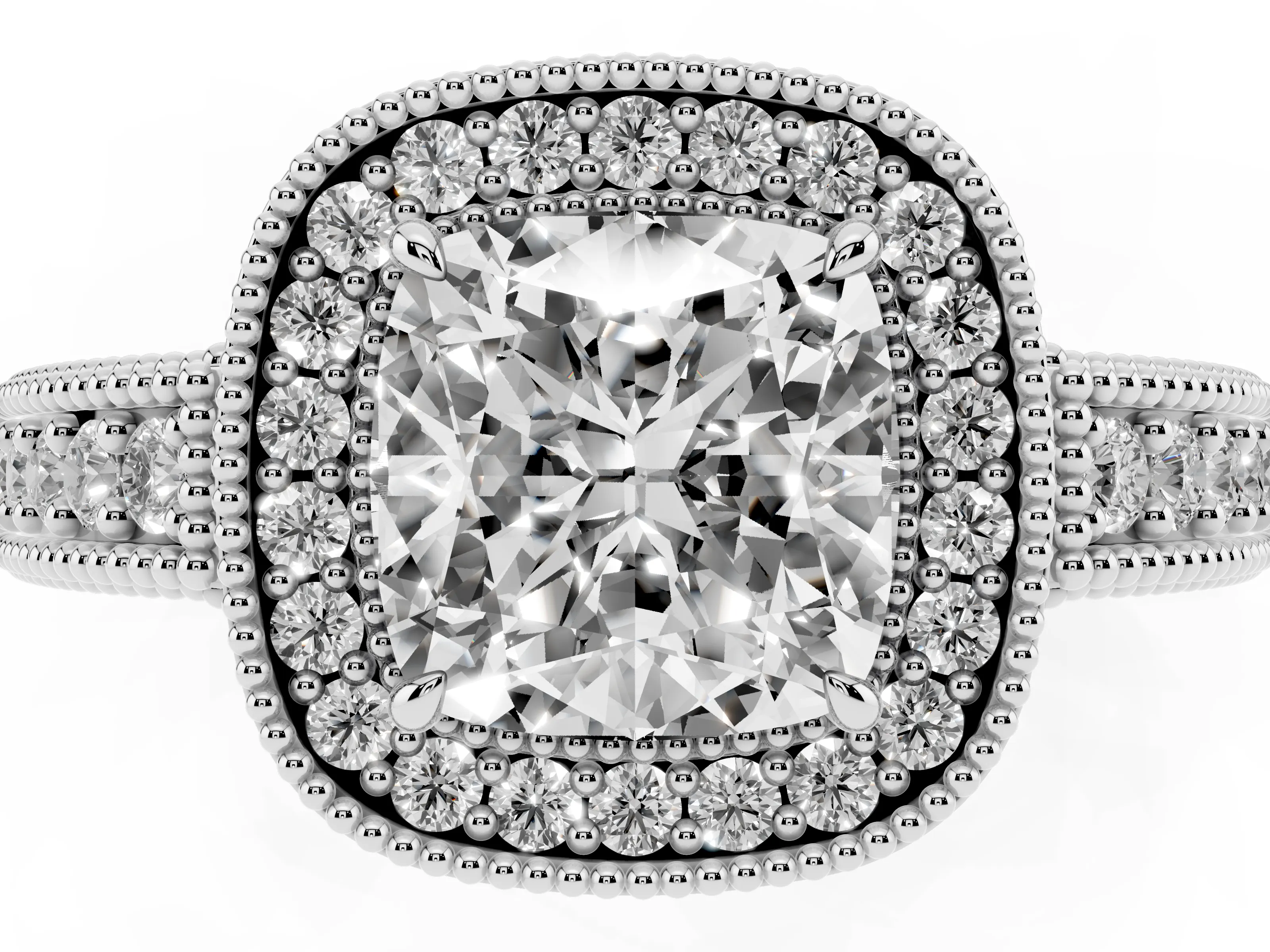 Cushion Cut Diamond Halo Ring Set in White gold with Round Accent Halo, Pavé Band and Prong Setting