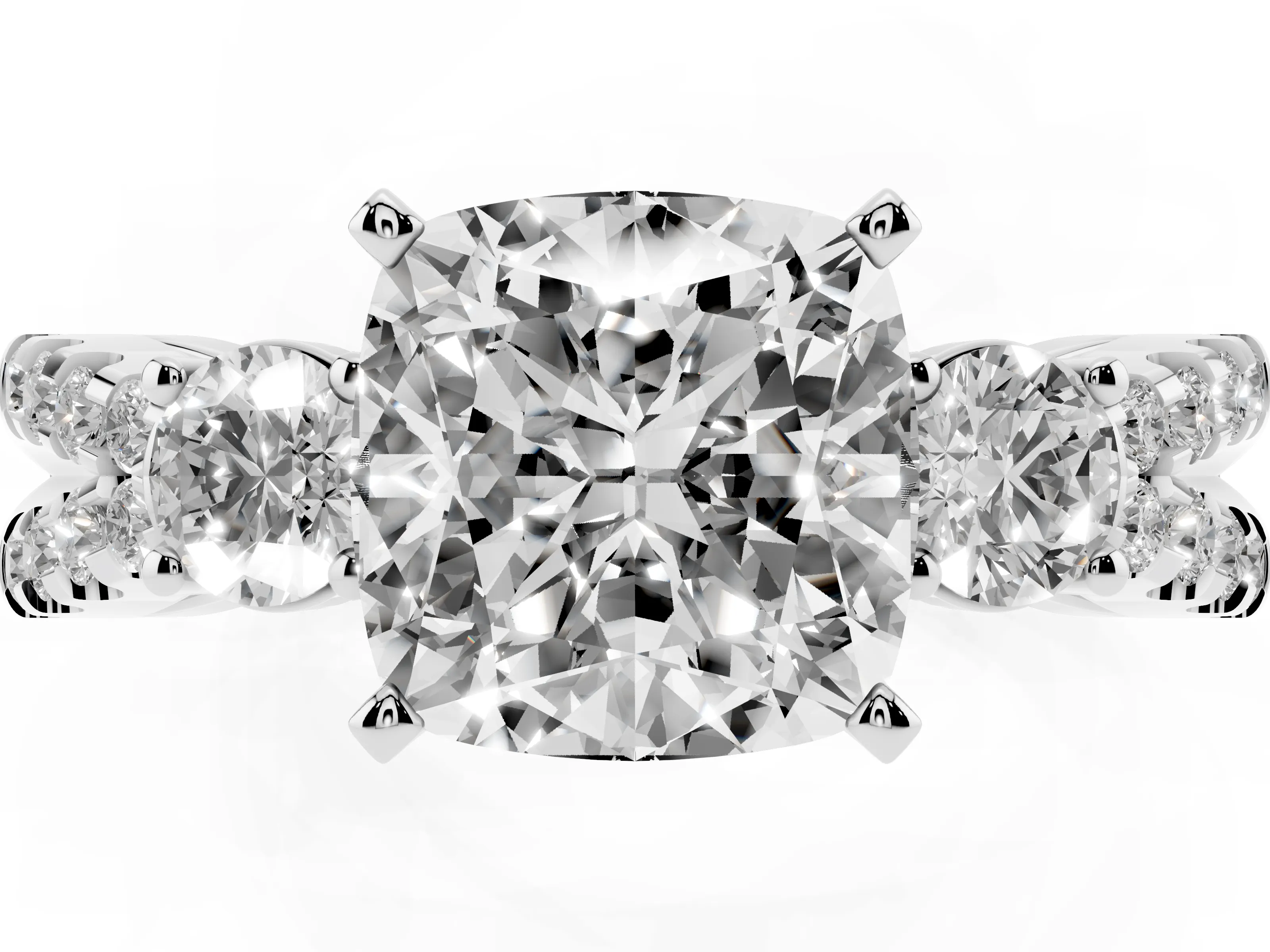 Cushion Cut Diamond Three-Stone Ring Set in Silver with Pavé Split Shank and Prong Setting