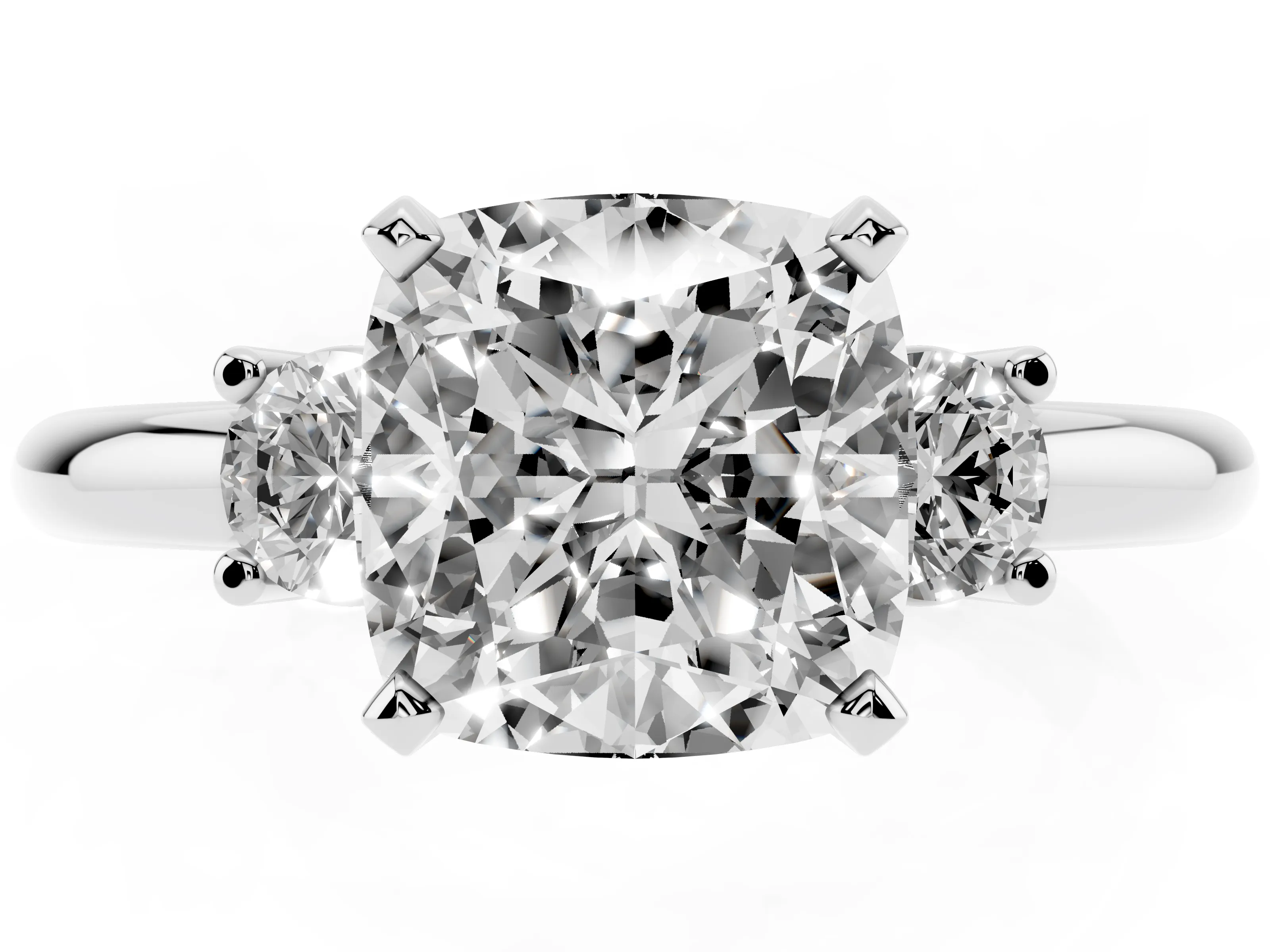 Three-Stone Cushion Cut Diamond Ring Set in Platinum with Prong Setting and Plain Band