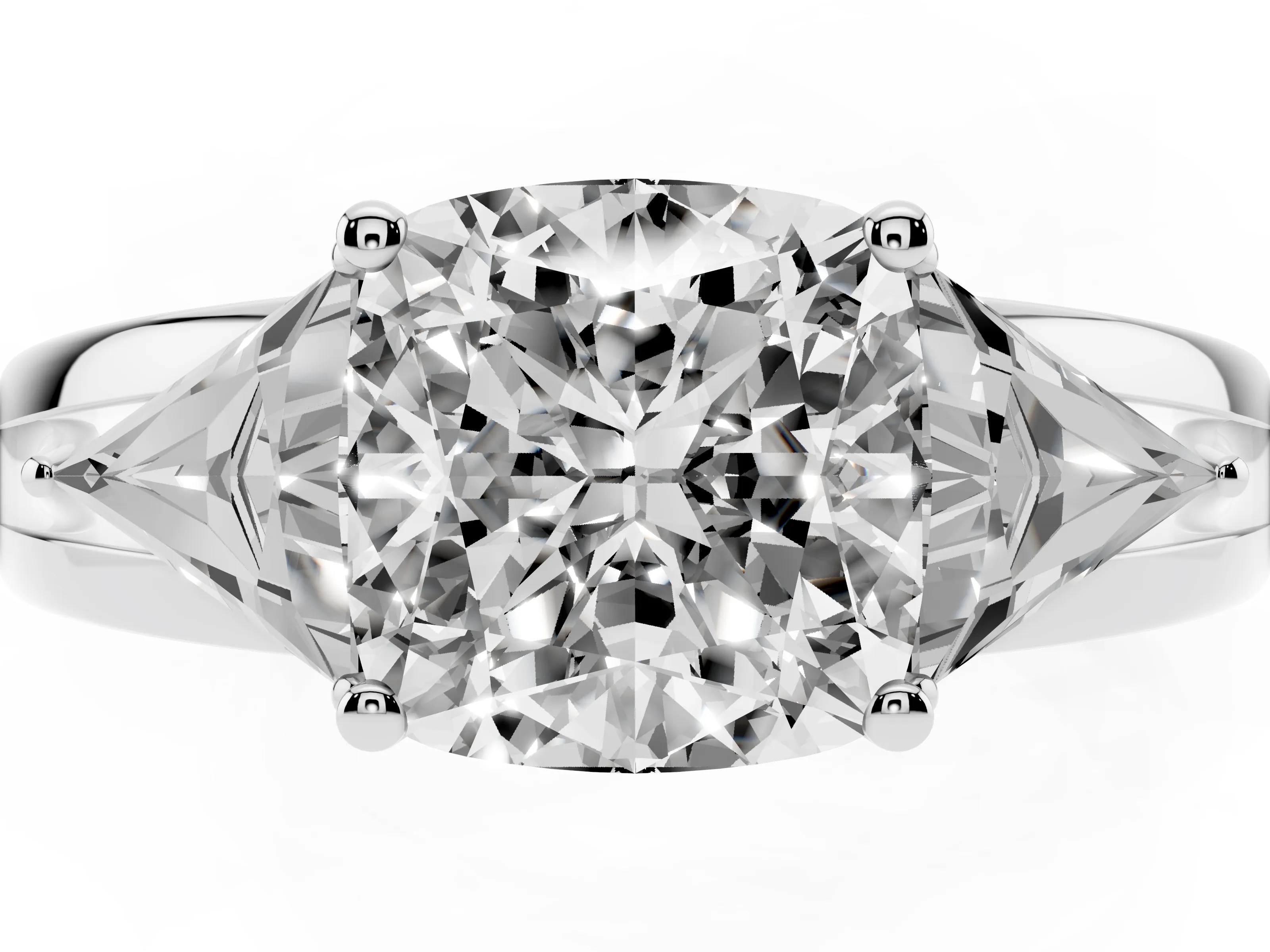 Cushion Cut Diamond Three-Stone Ring Set in Silver with Trillion Side Stones and Split Shank