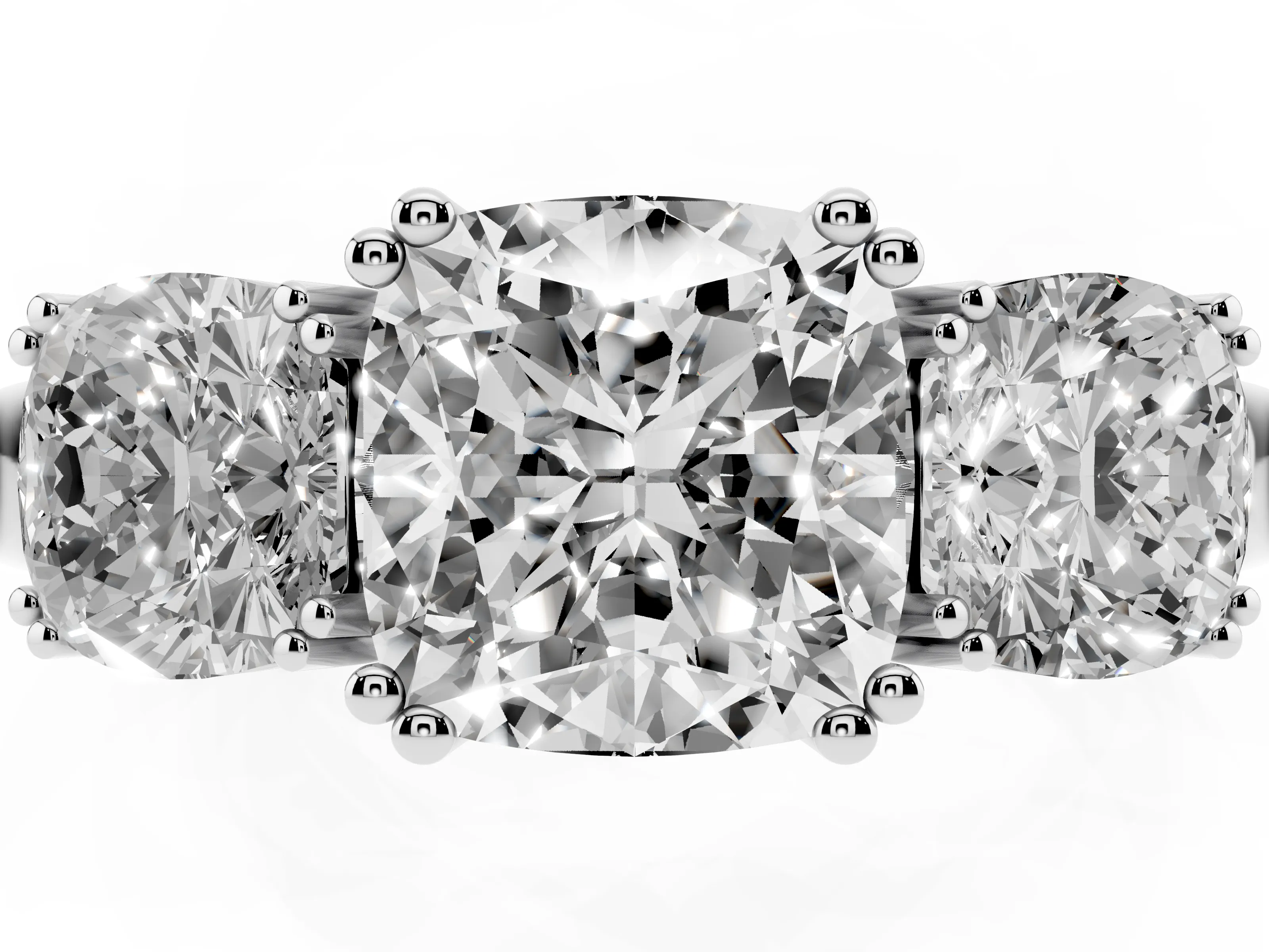 Cushion Cut Diamond Three-Stone Ring Set in Platinum with Polished Band and Prong Setting