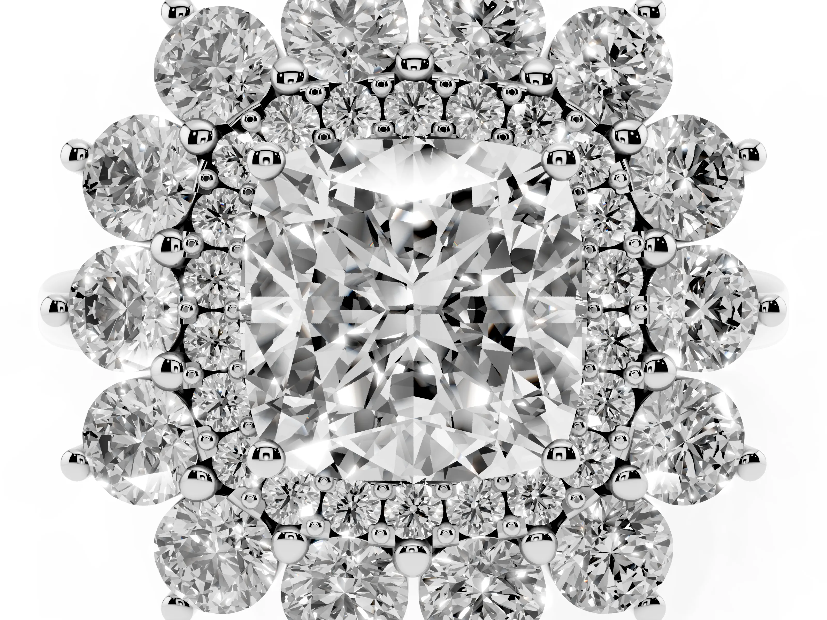 Cushion Cut Diamond Floral Double Halo Ring Set in Silver with Round Petals