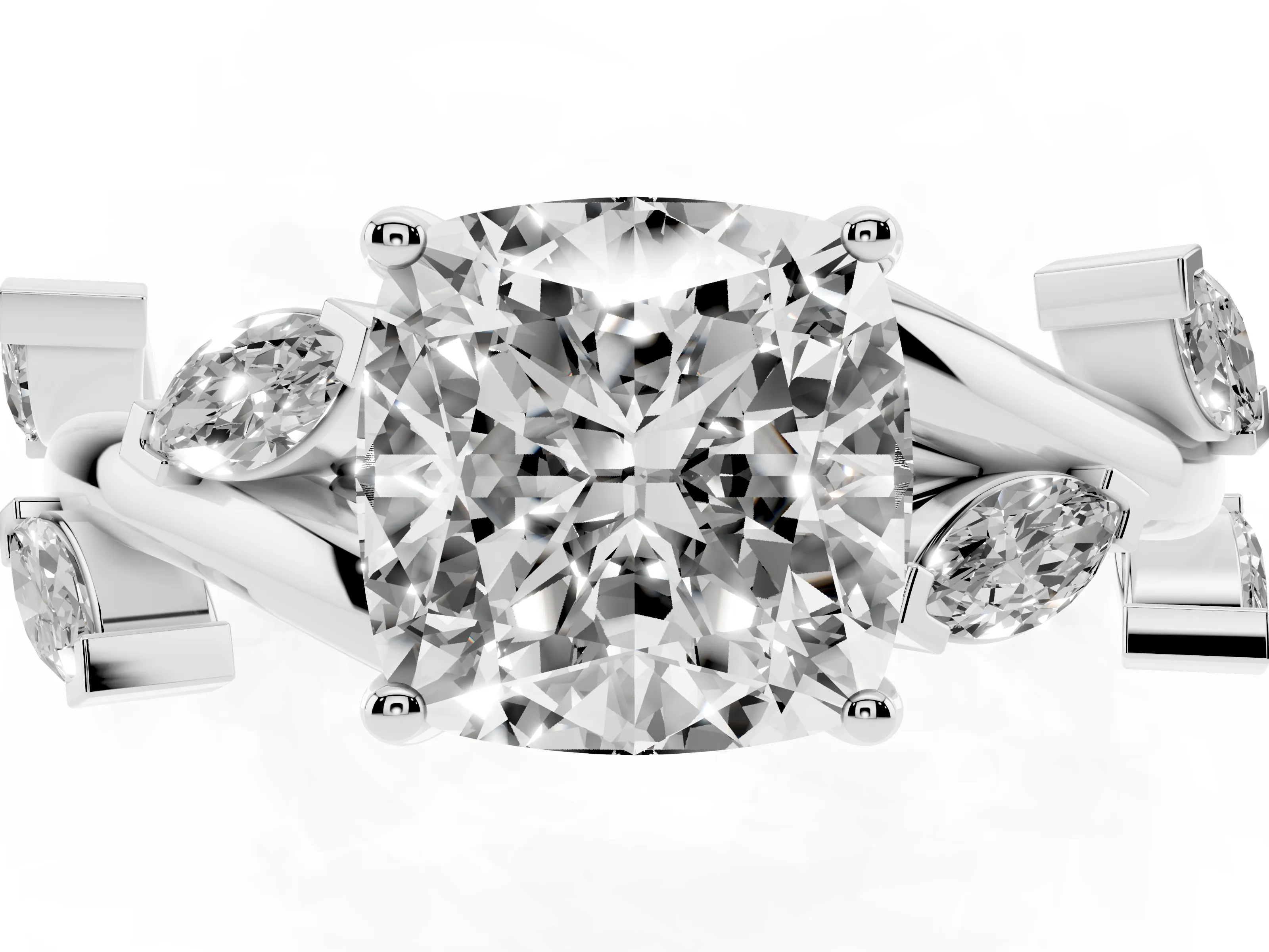 Cushion Cut Diamond Solitaire Ring Set in White gold with Twisted Marquise Accent Band