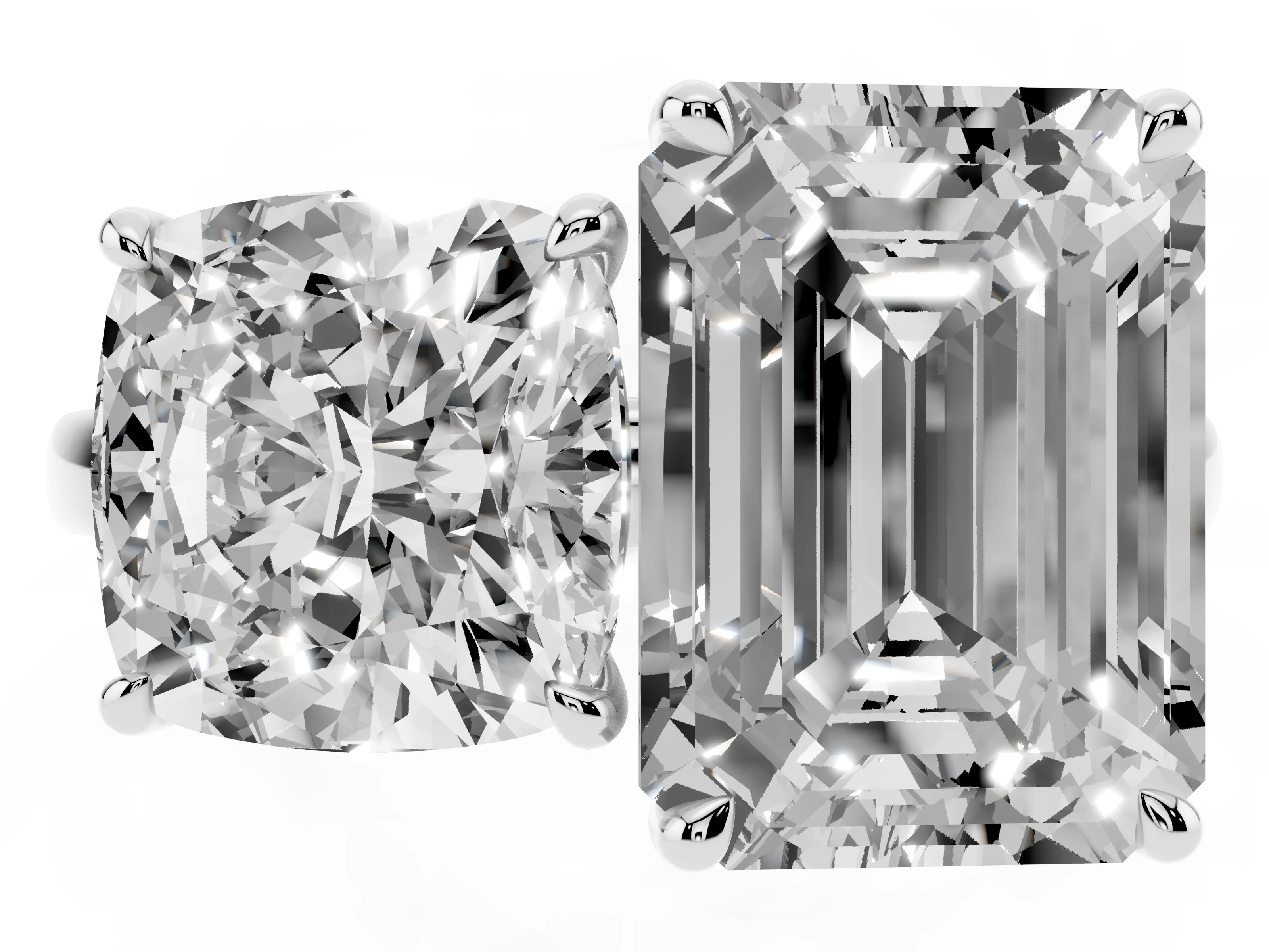 Cushion Cut and Emerald Cut Toi Moi Ring Set in Silver with Prong Setting