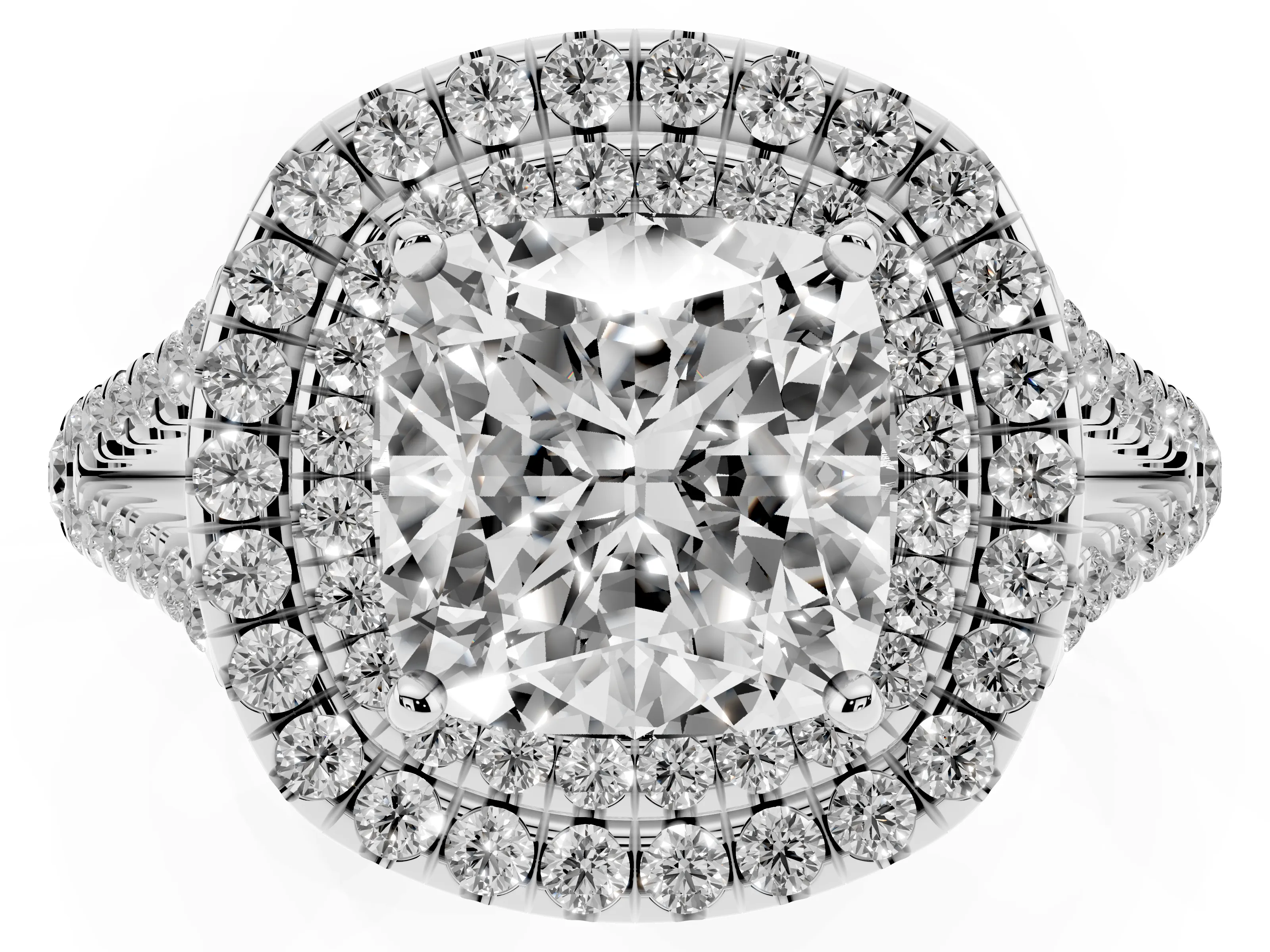 Cushion Cut Diamond Double Halo Ring Set in Platinum with Pavé Band