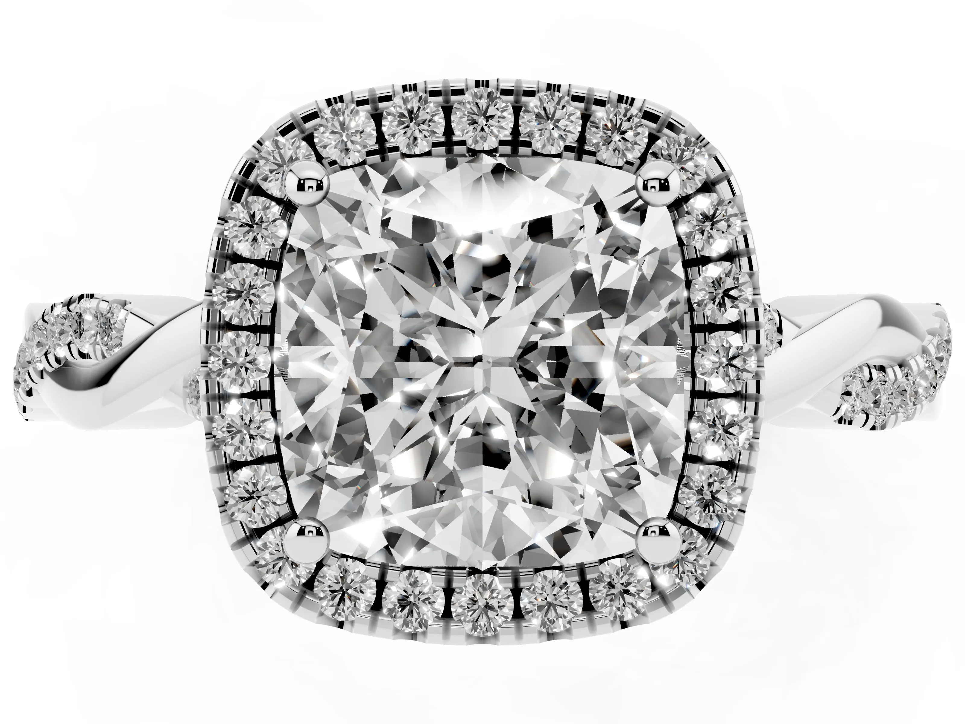 Cushion Cut Diamond Halo Twisted Band Ring Set in Silver with Prong Setting