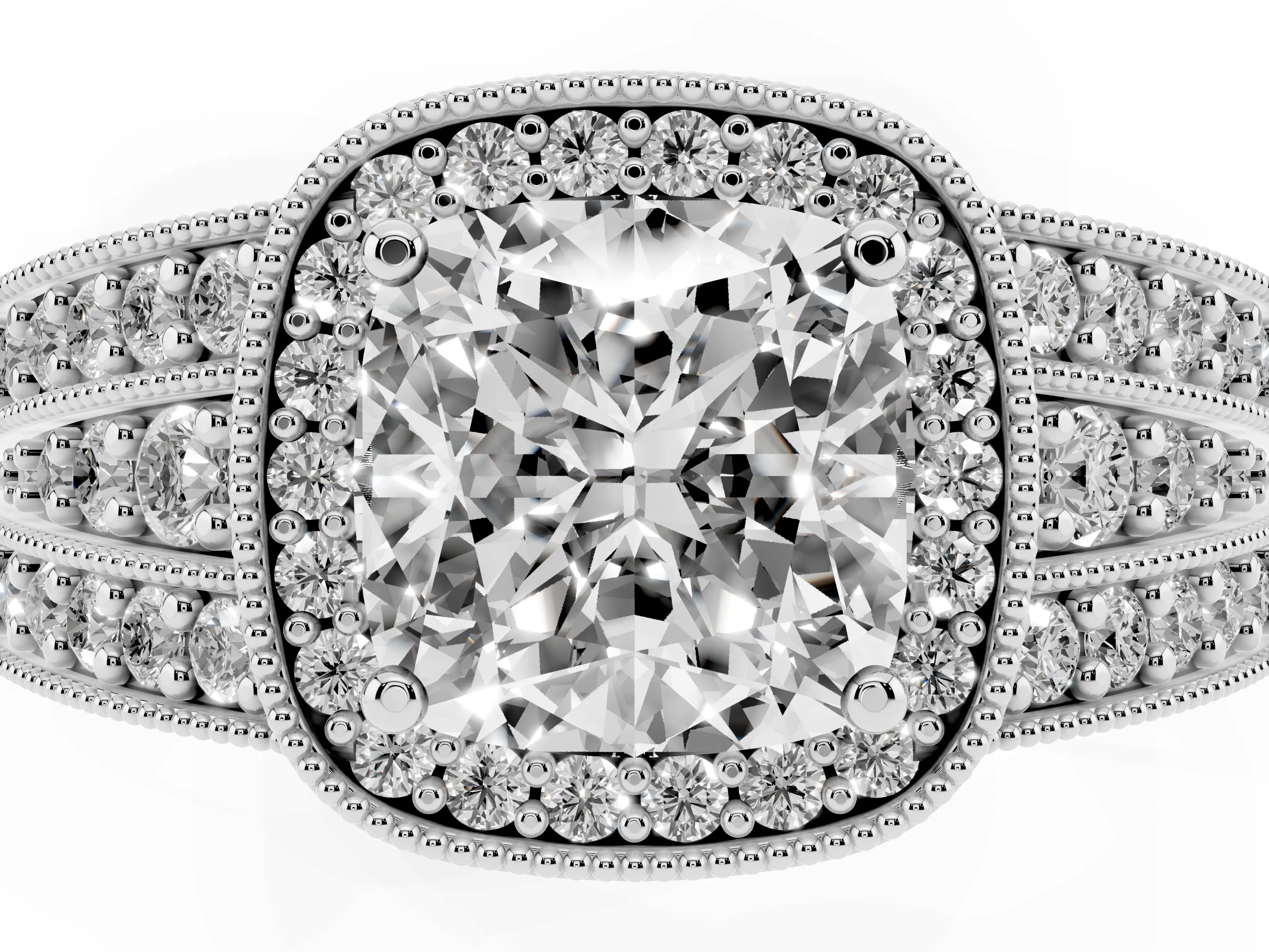Cushion Cut Diamond Halo Ring Set in Silver with Accent Split Shank and Prong Setting