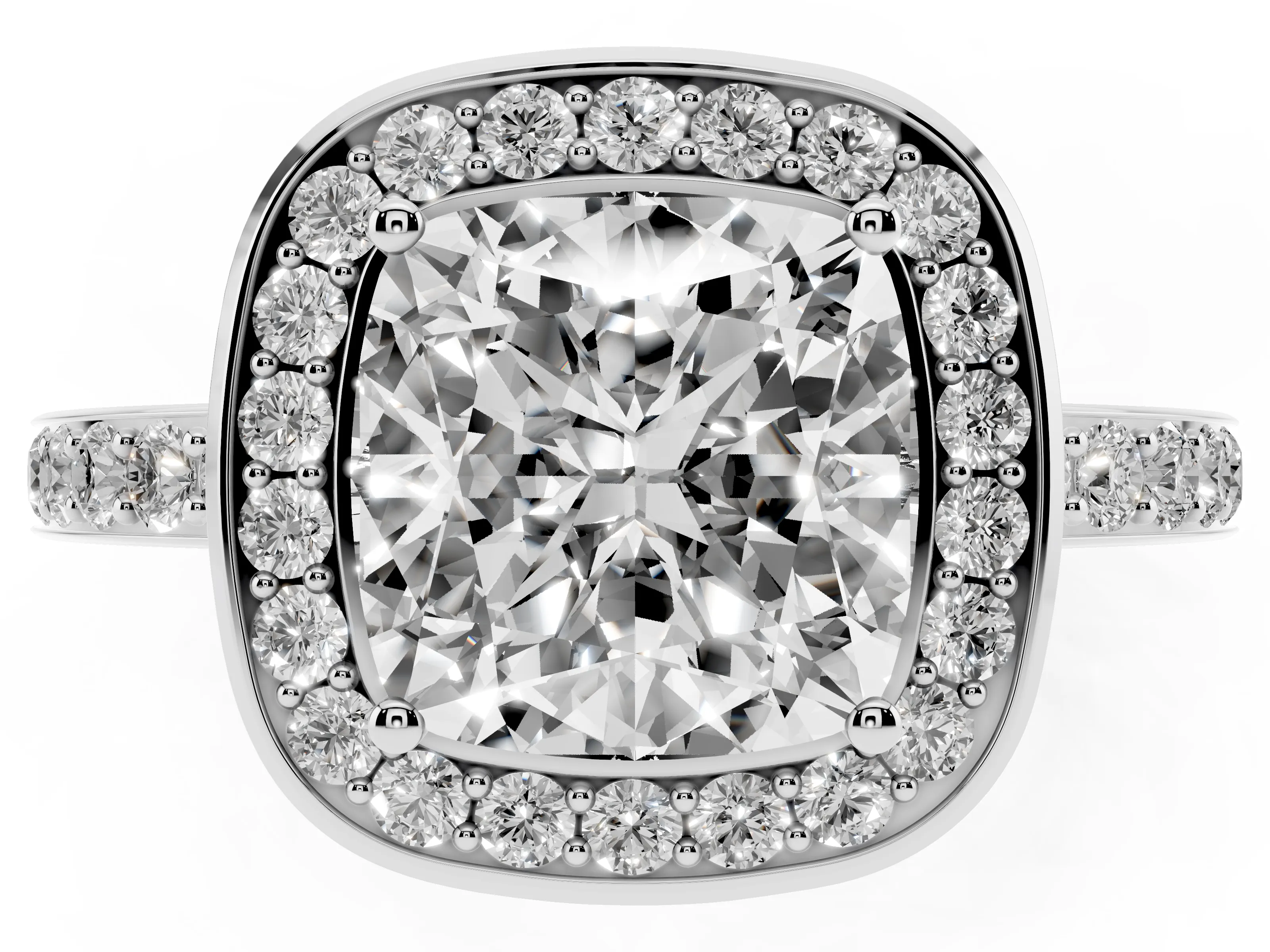 Cushion Cut Diamond Halo Ring Set in Platinum with Bezel Frame and Pavé Band