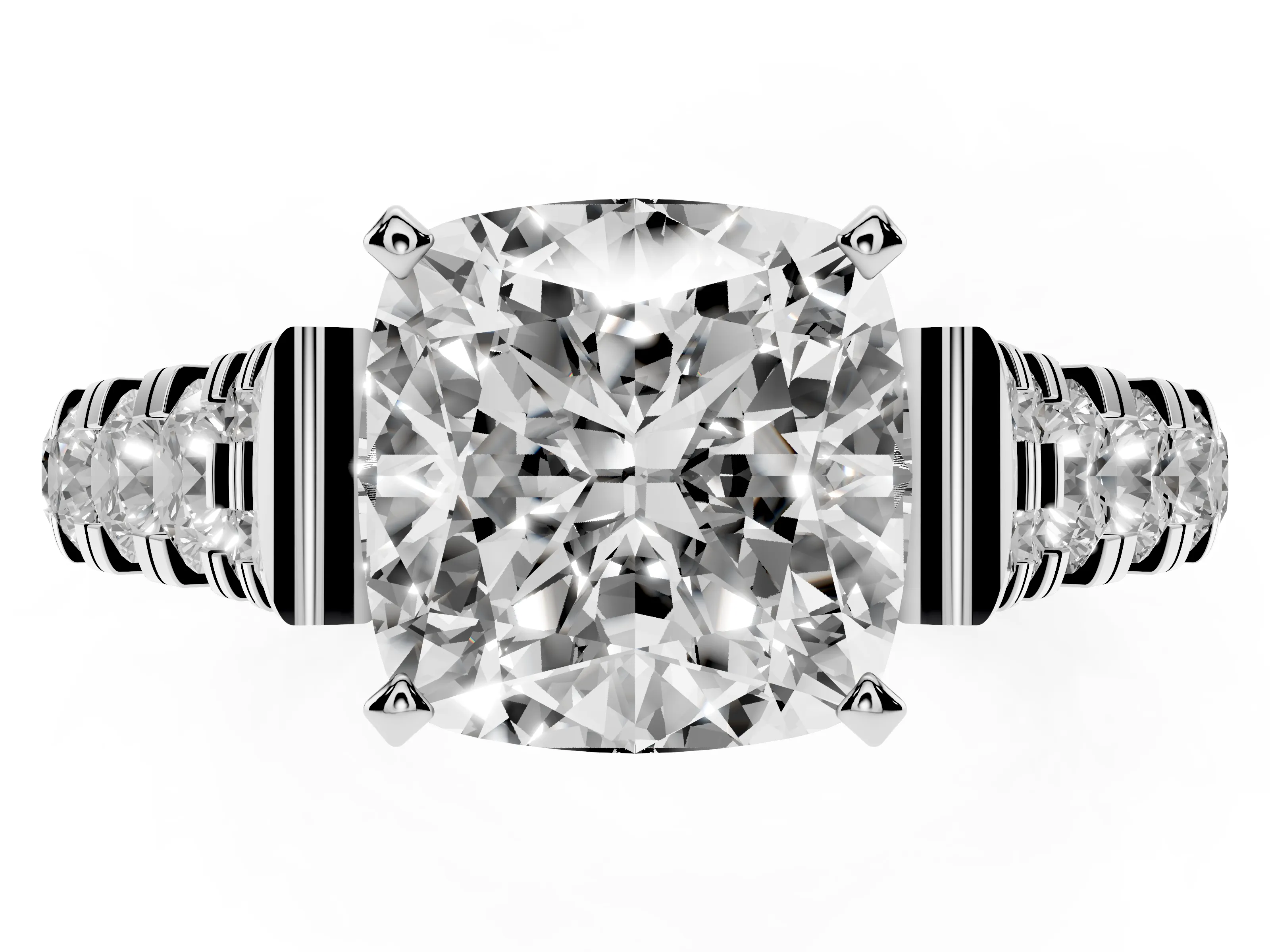 Cushion Cut Diamond Classic Solitaire Ring Set in Platinum with Pavé Band and Prong Setting
