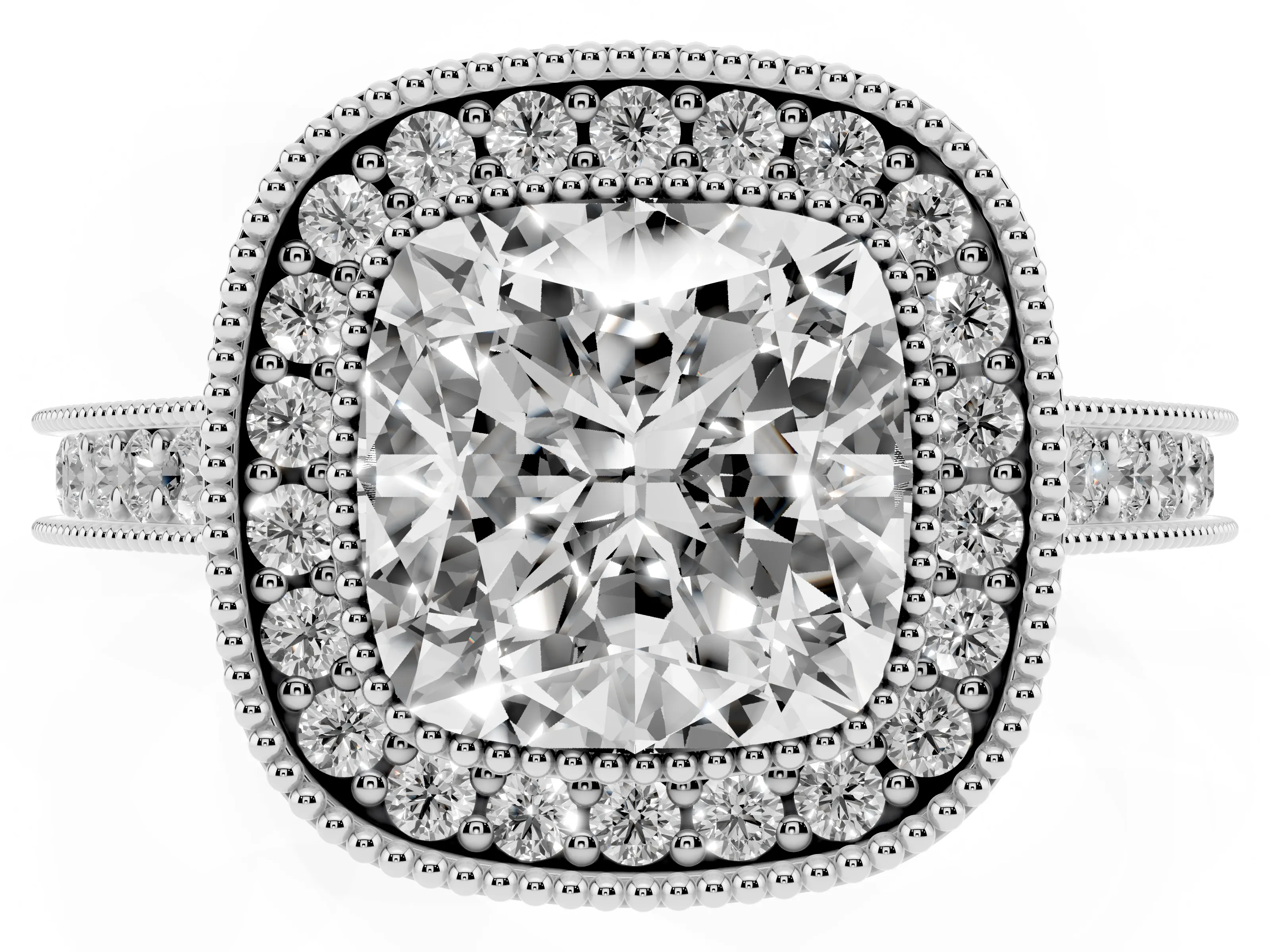 Cushion Cut Diamond Halo Milgrain Pavé Band Ring Set in Platinum with Prong Setting