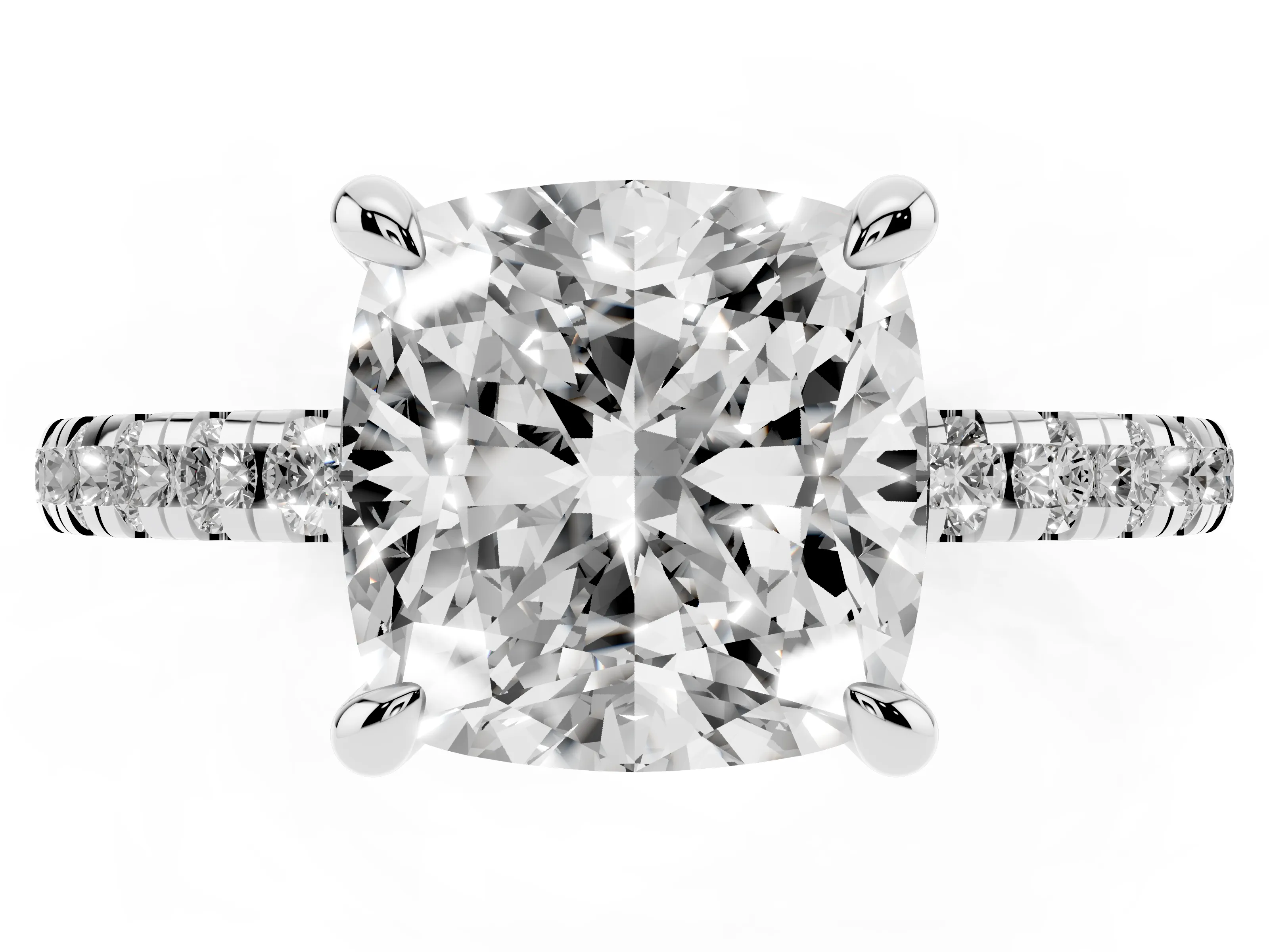 Cushion Cut Diamond Brilliant Solitaire Ring Set in Silver with Pavé Band and Prong Setting