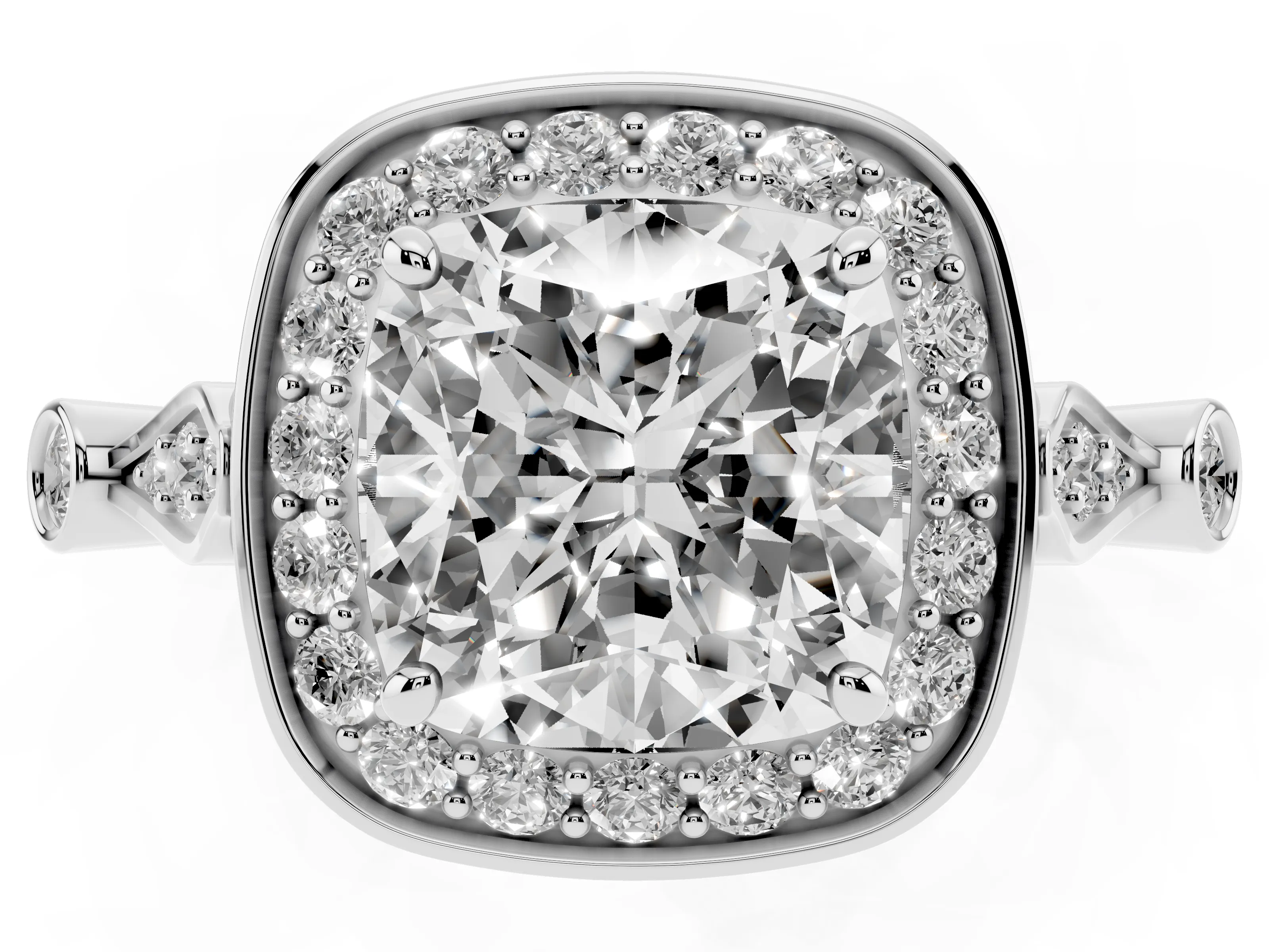 Cushion Cut Diamond Halo Engagement Ring Set in White gold with Twisted Band and Prong Setting