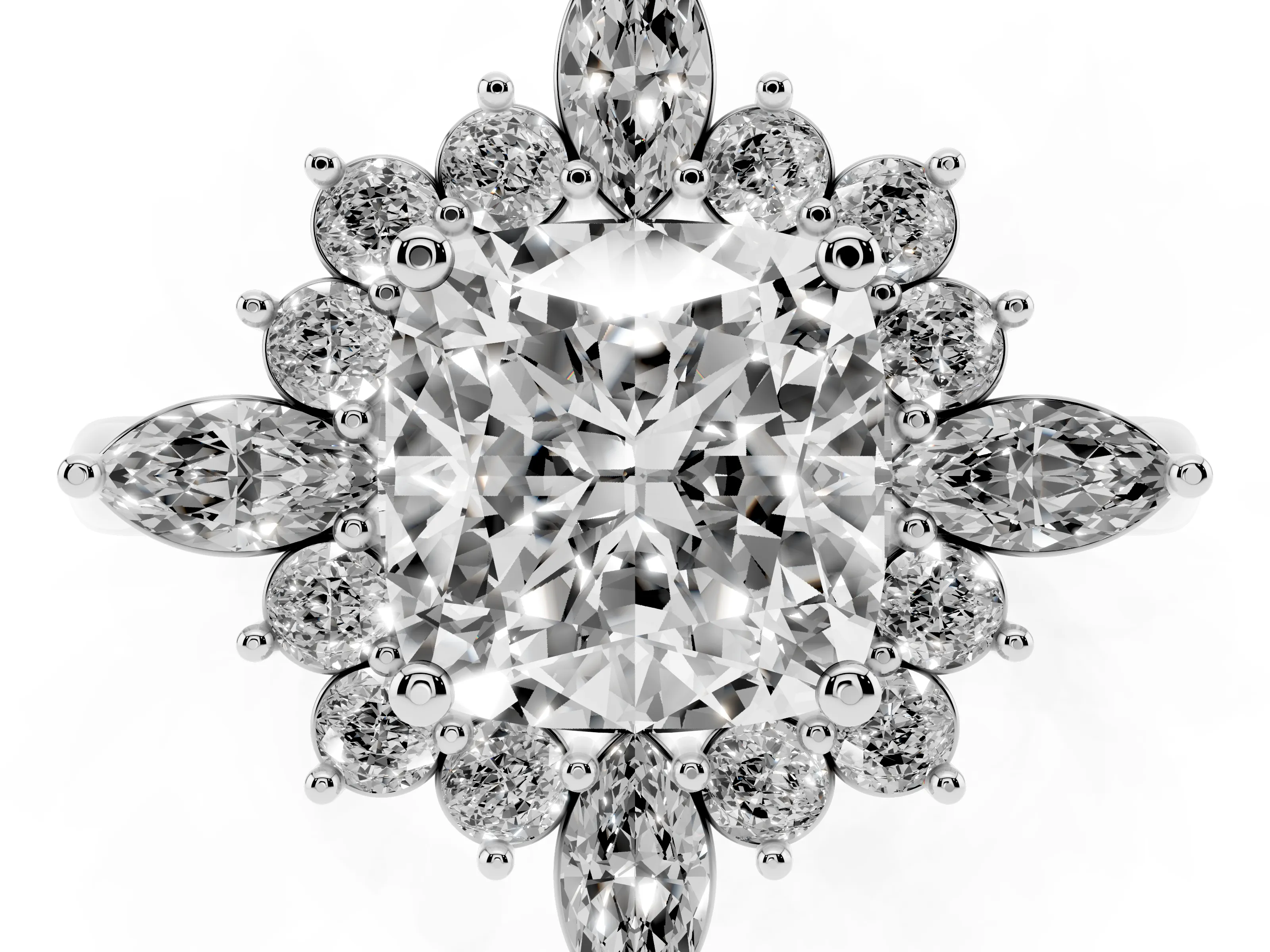 Cushion Cut Diamond Cluster Halo Ring Set in Silver with Marquise and Round Accents