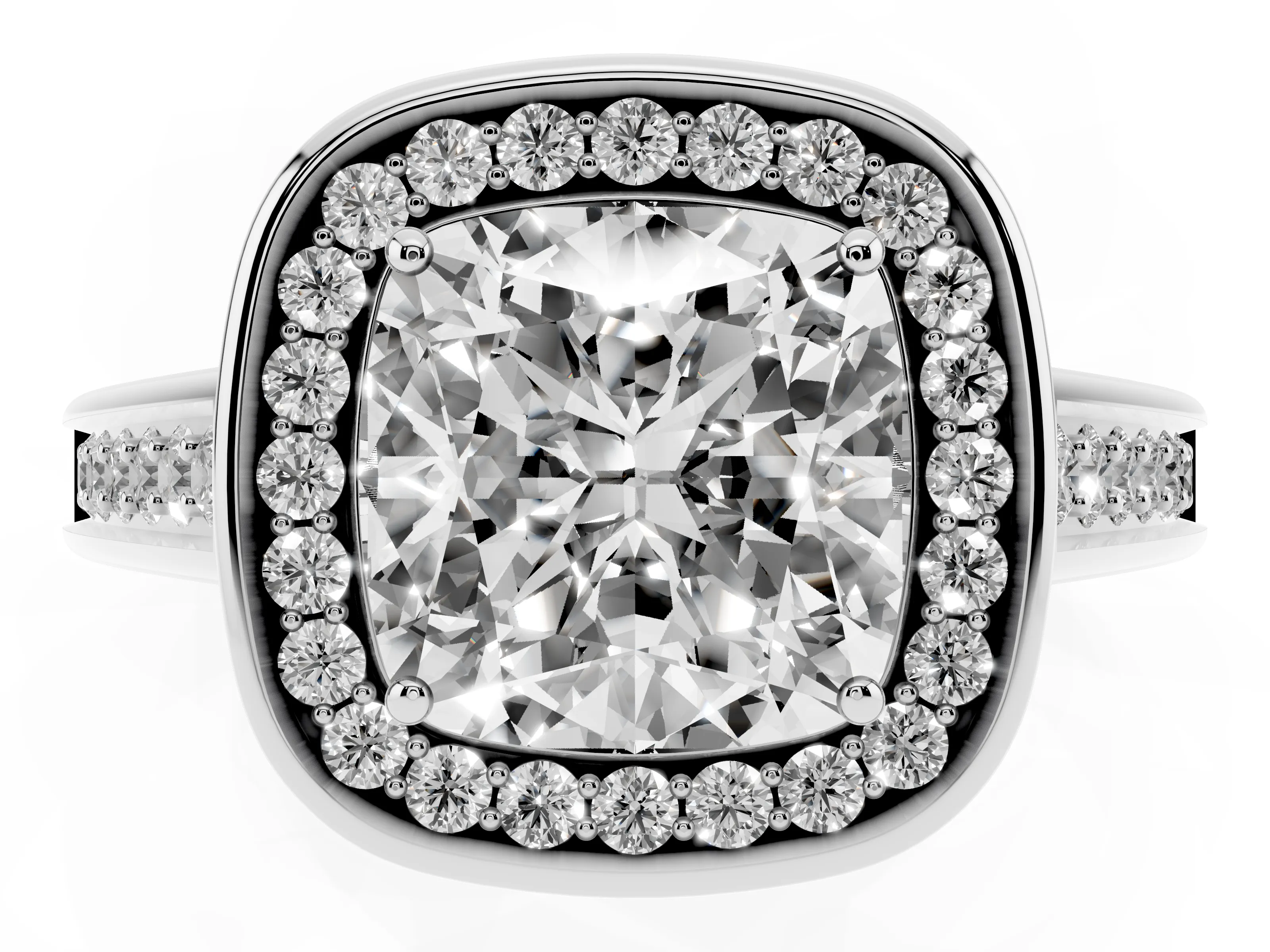 Cushion Cut Diamond Halo Solitaire Ring Set in White gold with Pavé Band and Bezel Setting