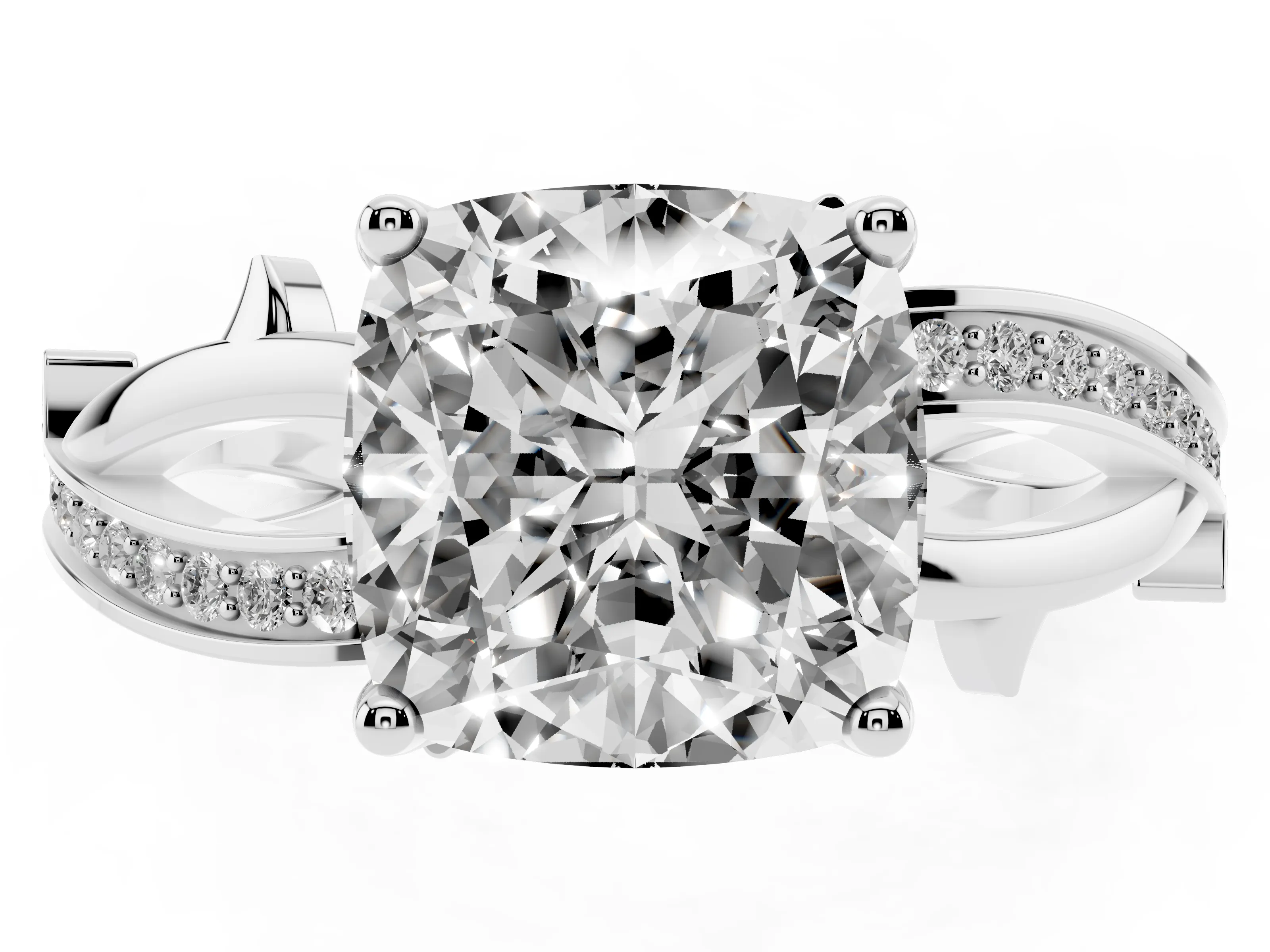 Cushion Cut Diamond Pavé Twist Band Solitaire Ring Set in Platinum with Prong Setting